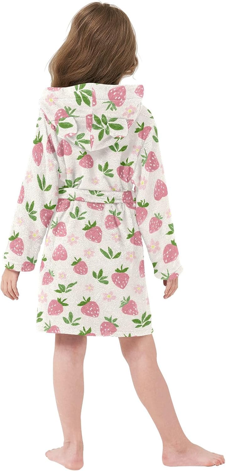 Pink Strawberry Flowers Pattern Toddler Hooded Bathrobe for Boys Girls Soft Plush Bath Towel Robe 2-12 Years