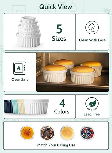 Miniatura 6 de Sweese Juego de 6 moldes de 12 onzas, aptos para horno, crema Brulee Ramekins, juego de ramiken de porcelana, plato para soufflé, tazas de natillas