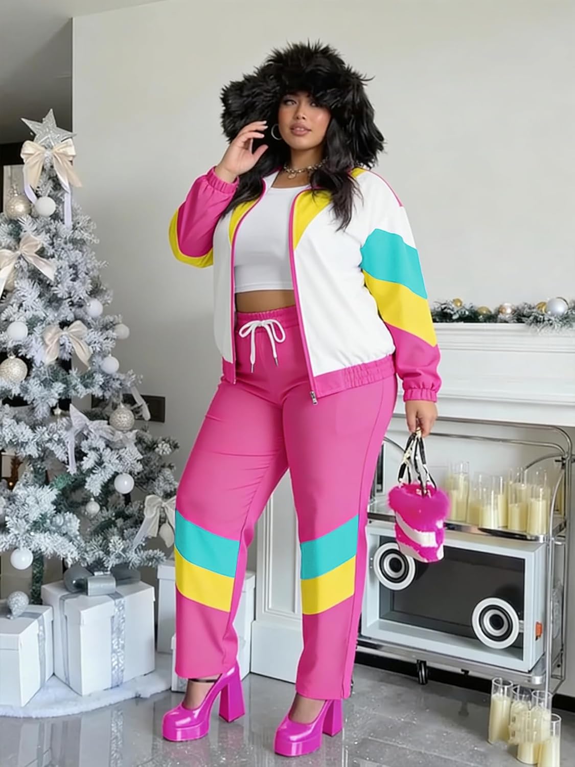 UOUA Plus Size 80s Outfit for Women 90s Costume Long Sleeves Windbreaker 2 Piece Party Tracksuit - Image 4