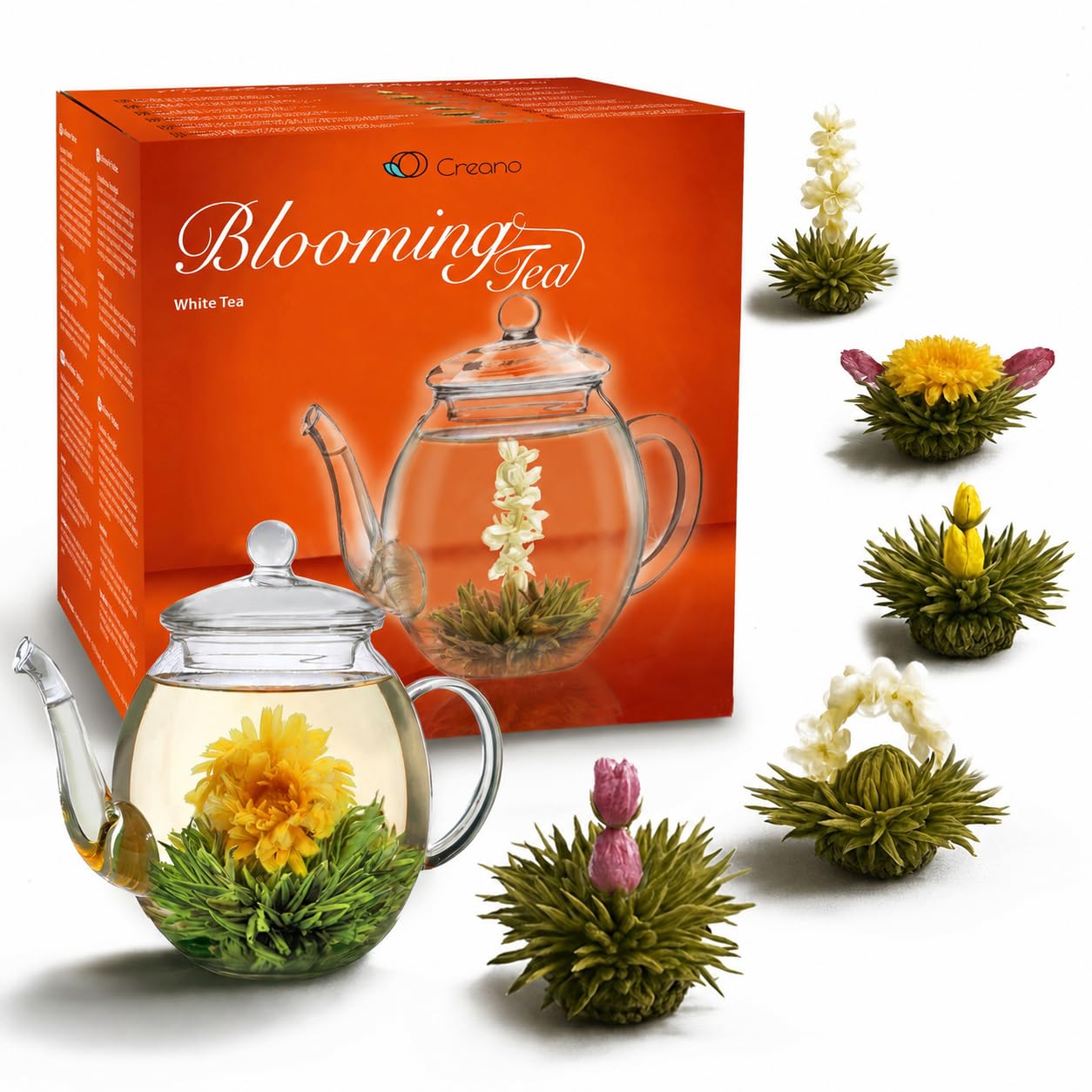 Creano Coffret „Thé en Floraison“ 6 thés de fleurs – Théière en verre 500ml sans goutte – 6 variétés de thé blanc – Idée cadeau exceptionnelle – Verre borosilicate