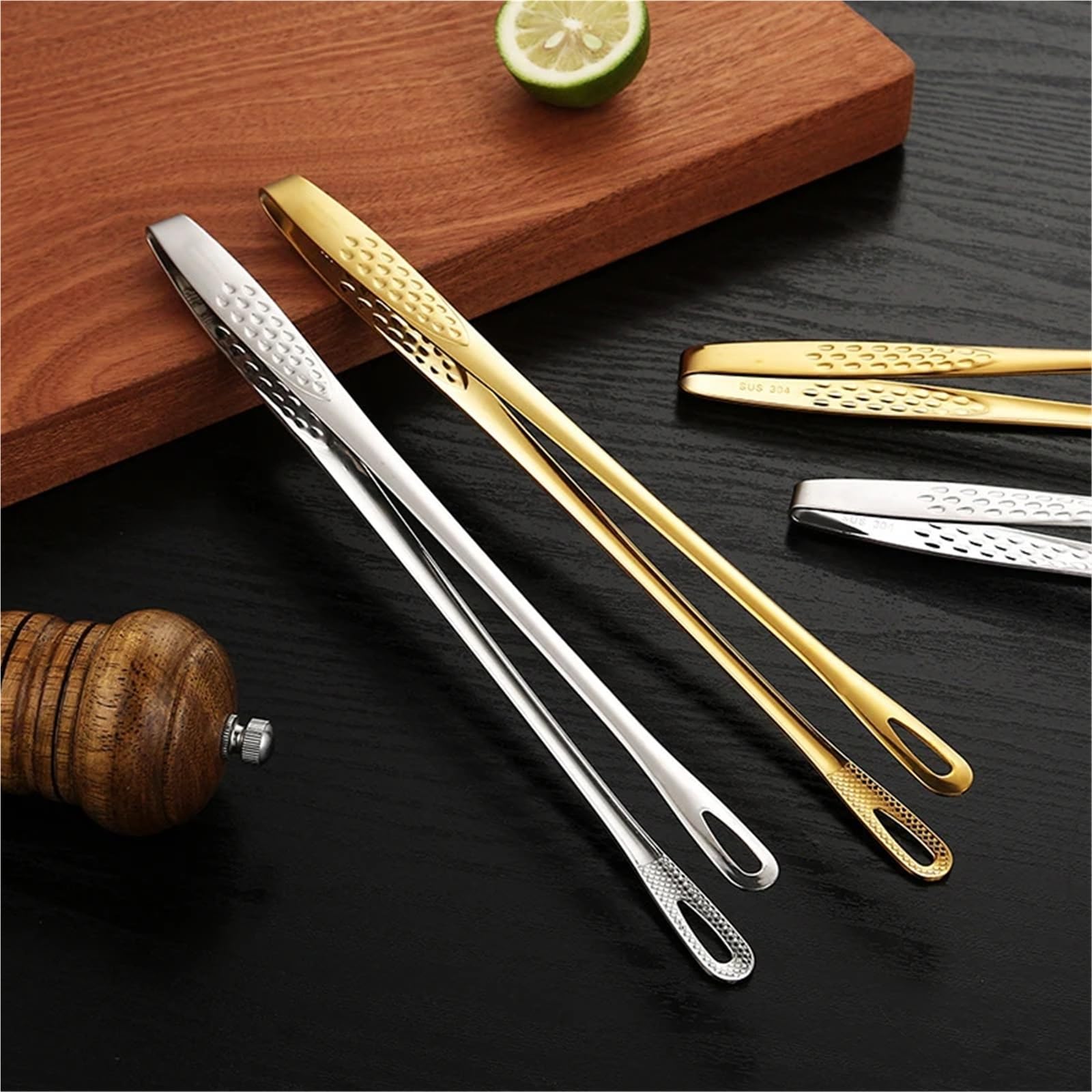 Pinze da barbecue, Pinze da cucina in acciaio inox multicolore 23-28 cm manico lungo antiscivolo(Gold,28cm)