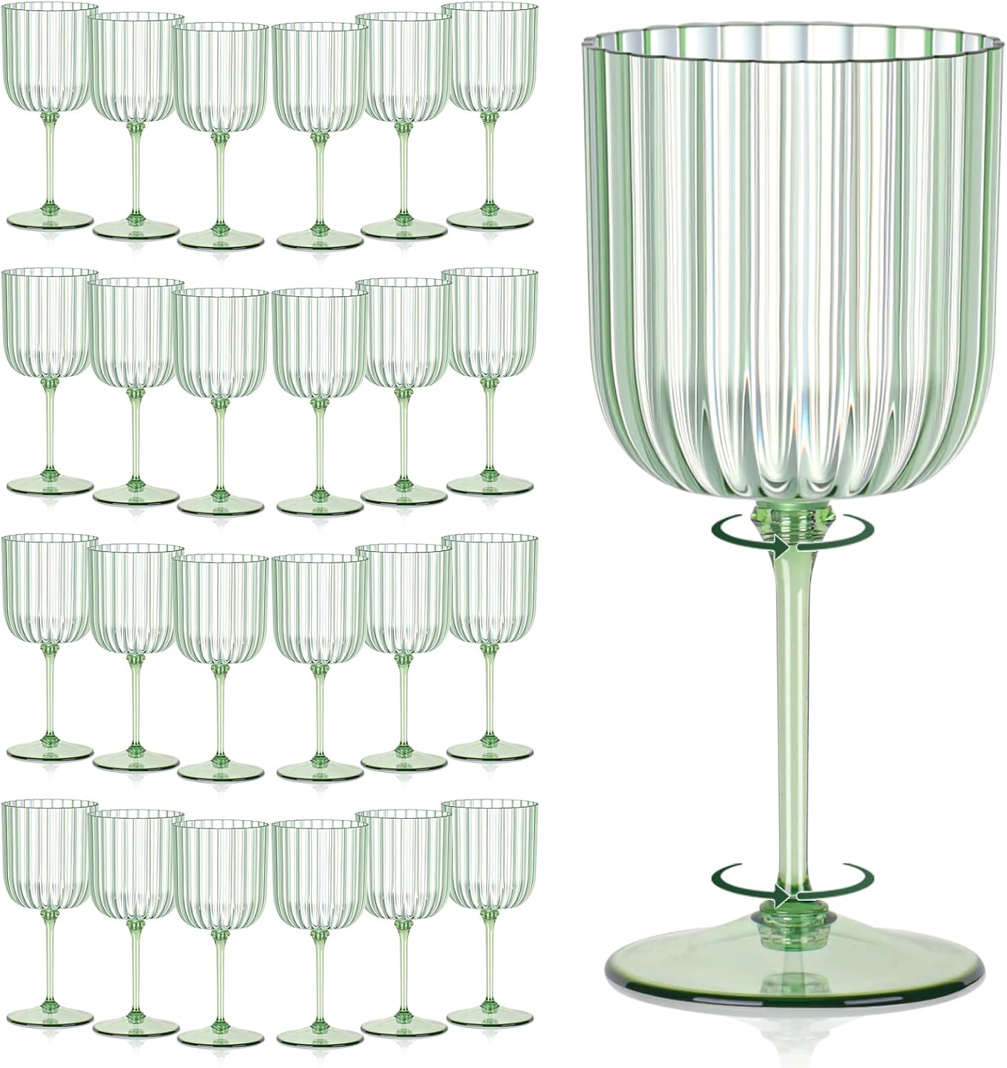 24 PCS Plastic Ribbed Wine Glasses 11oz Green Detachable Wine Goblet Unbreakable Vintage Ripple Water Goblets Cocktail Drinking Cups for Parties Weddings Poolside Outdoors