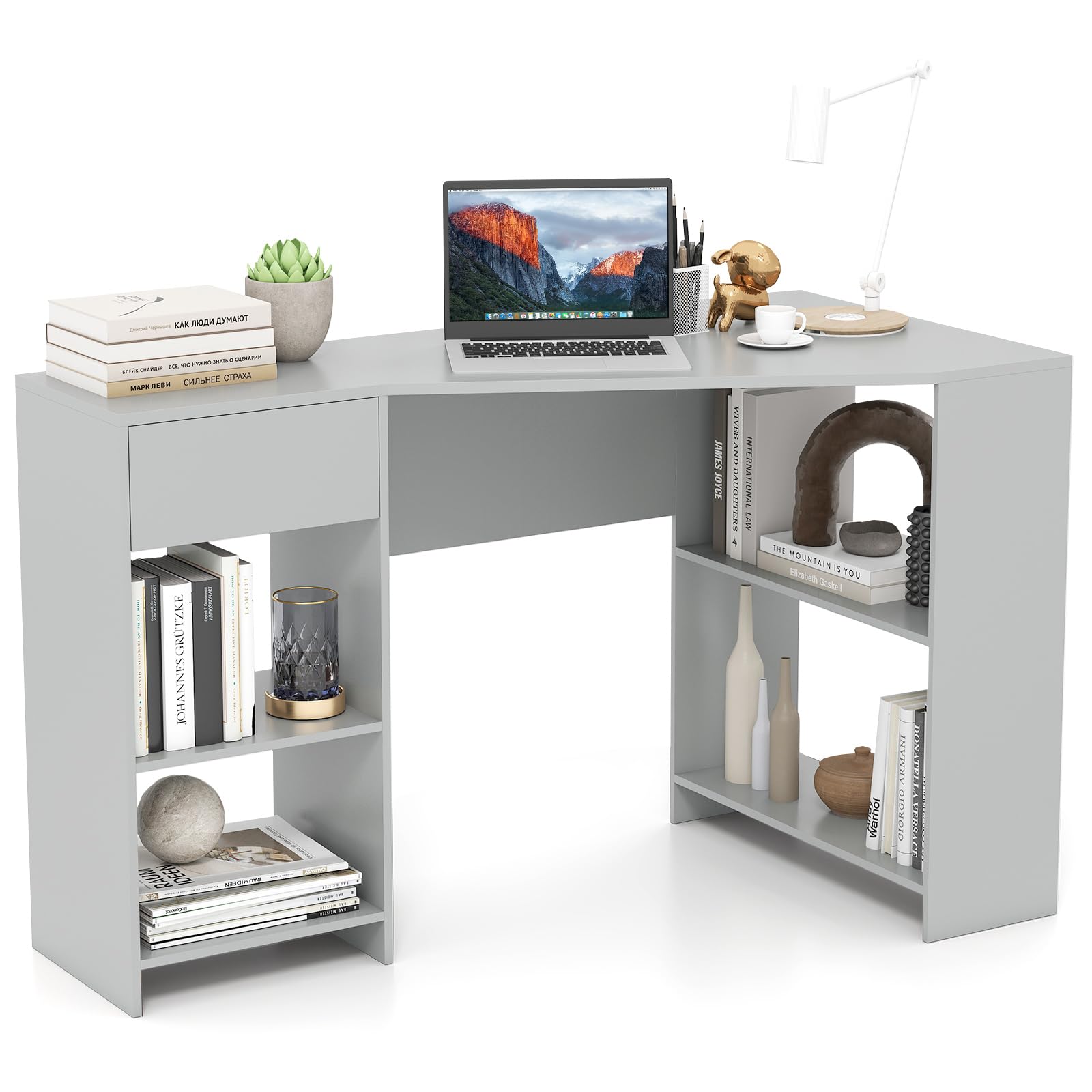 COSTWAY L-Shaped Computer Desk, 120cm Corner Wooden Study Table Writing Workstation with Open Shelves & Drawer, Modern PC Laptop Table Working Desk for Home Office Bedroom (Grey)