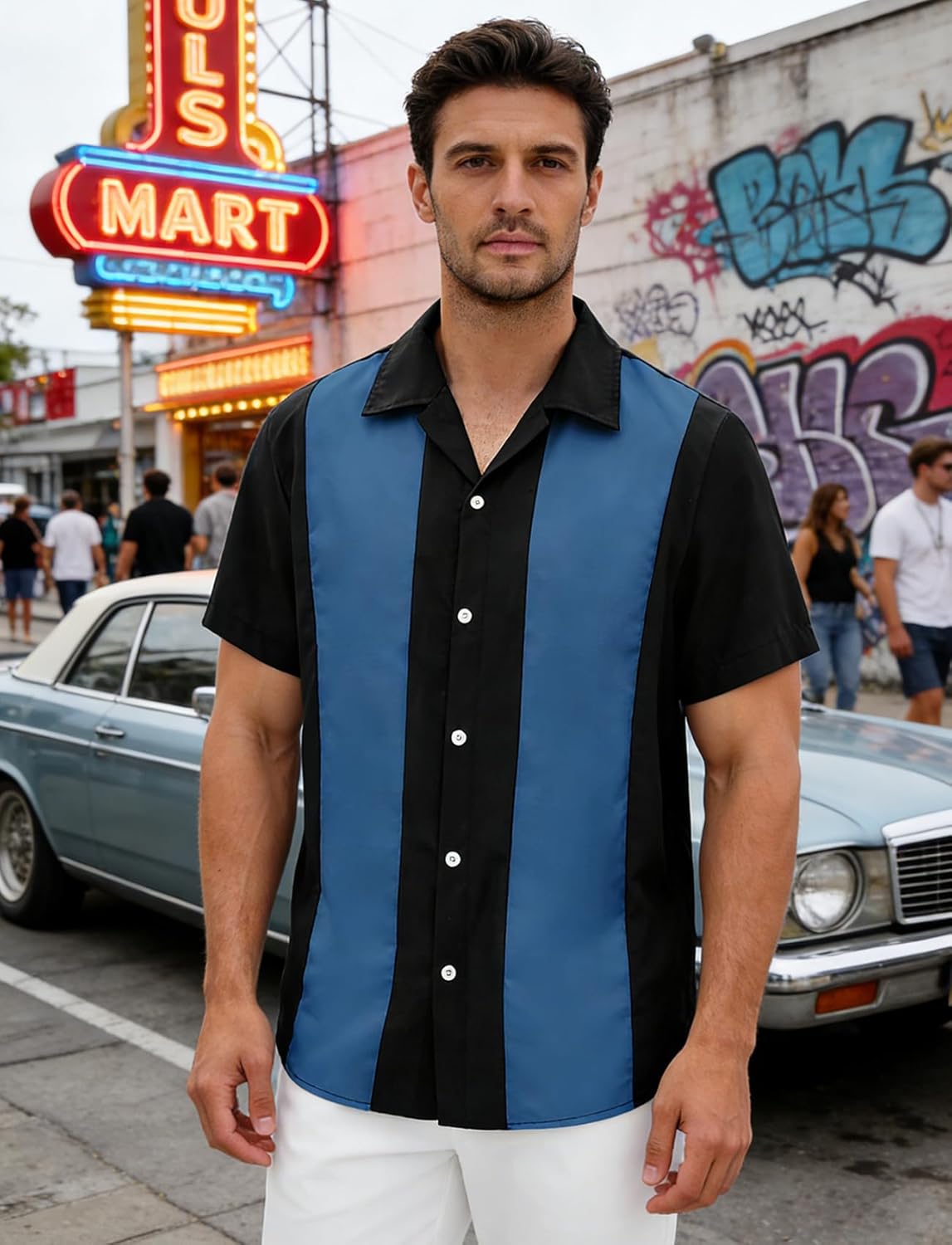 Men's Vintage Bowling Shirts 1950s Retro Short Sleeve Outfits Button Down Summer Cuban Beach Shirt - Image 2