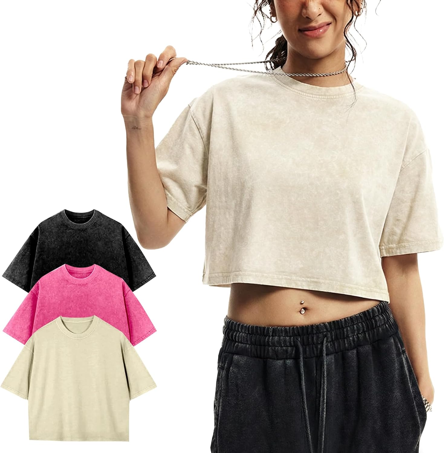 Yimoon Cropped T Shirts for Women Vintage Acid Wash Tee Shirts Summer Short Sleeve Cotton Crop Top