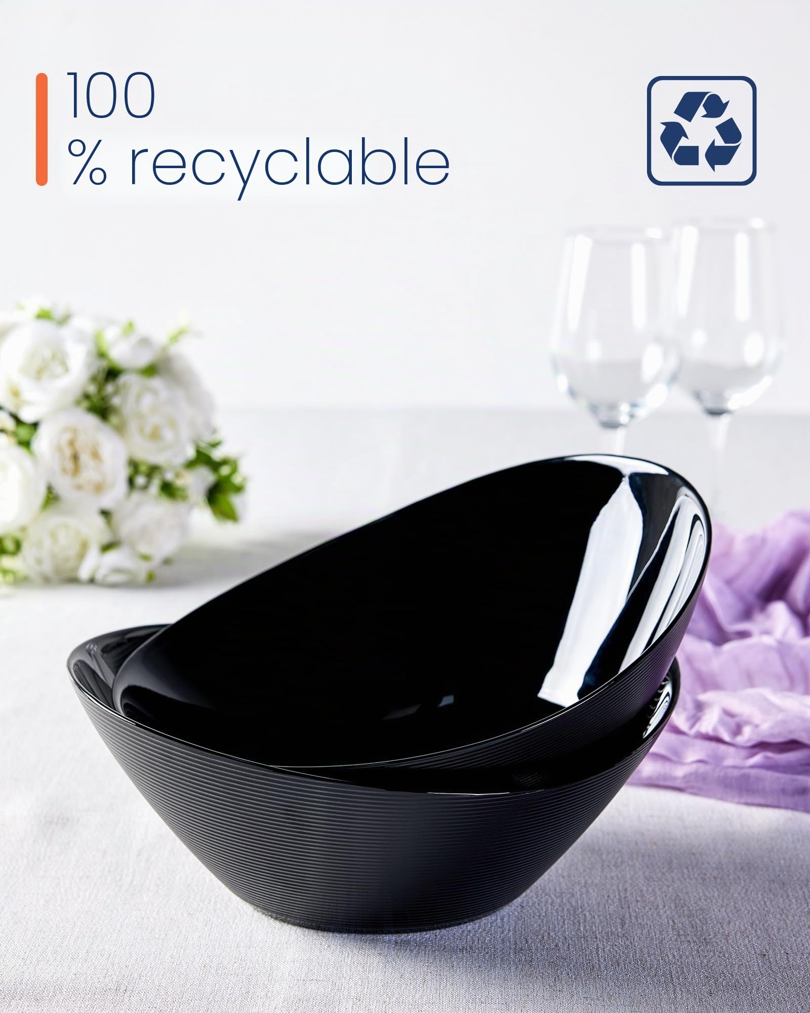 LaGlint Lot de 4 Bols à Service en Verre Opale de 1,29 L, 22,86 cm, Forme Ovale, Compatible Micro-ondes et Lave-vaisselle, pour Salade, Accompagnements et Fruits, Noir | Design fonctionnel pour salades et accompagnements. Idéal pour un usage quotidien