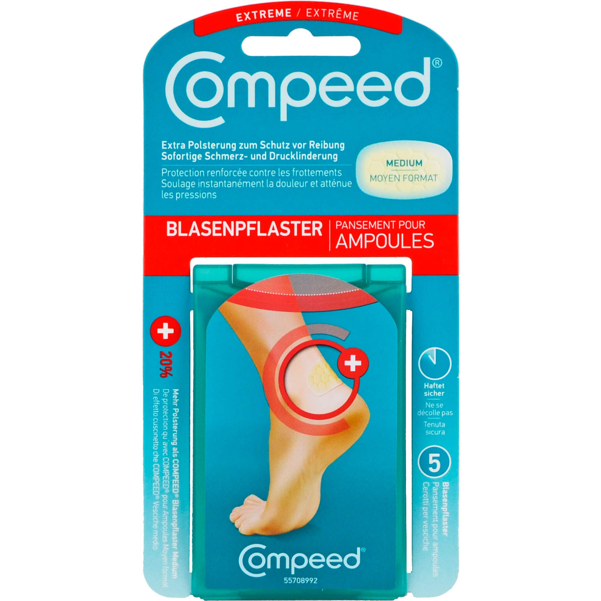 Compeed Plaster na pęcherze do uprawiania sportu na pięcie – plastry hydrokoloidowe dla bardzo mocnej ochrony w przypadku pęcherzy na piętach, opakowanie 5 sztuk