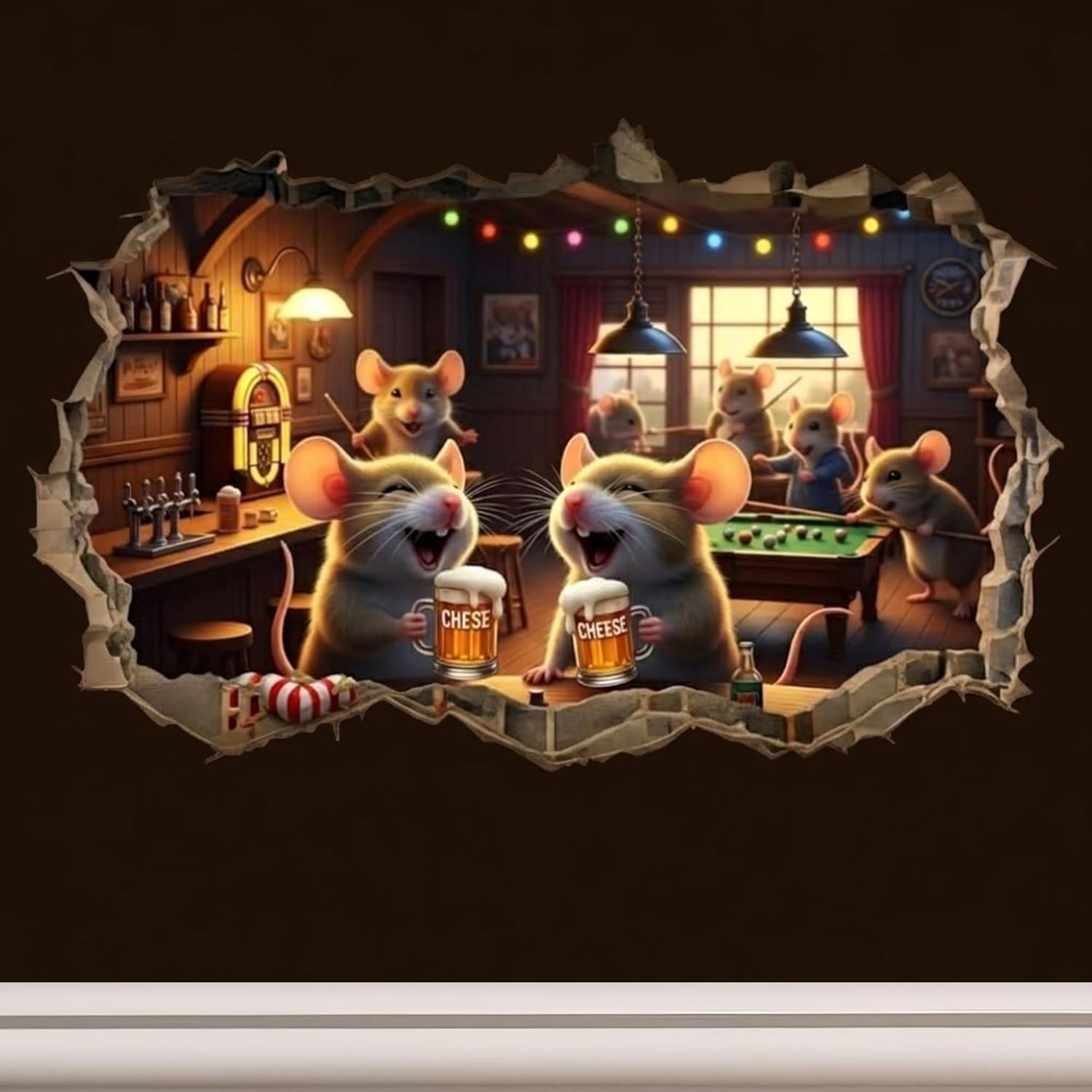 Funny Mouse Pub Wall Decal – 3D Break Through Wall Sticker, Peel and Stick Removable Vinyl, Mouse Bar Scene, Fun Wall Art for Bar, Game Room, Living Room, 5 inch