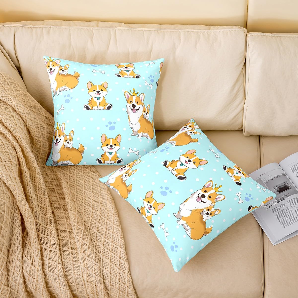 Homewish Cute Corgi Pillow Cover Cartoon Dog Kawaii Animal Decor Cushion Cover for Kids Boys Girls Watercolor Blue Paw Print Dots Graffiti Cushion Case for Office Bedroom 18x18 Inch