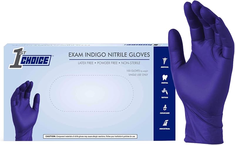 1st Choice 3 mil Disposable Indigo Nitrile Exam Gloves for Medical, Salon | Dentist, Esthetician, and Household Chores, Bulk Purchasing Options Available, Suitable for Use with Hair Dying Chemicals