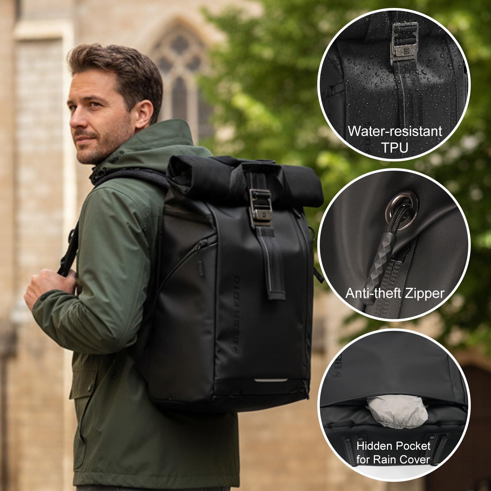 Besnfoto Zaino per fotocamera impermeabile, borsa per fotografia Roll Top per fotocamera DSLR SLR Mirrorless con scomparto per laptop, Nero II, Large, Borsa per fotocamera portatile
