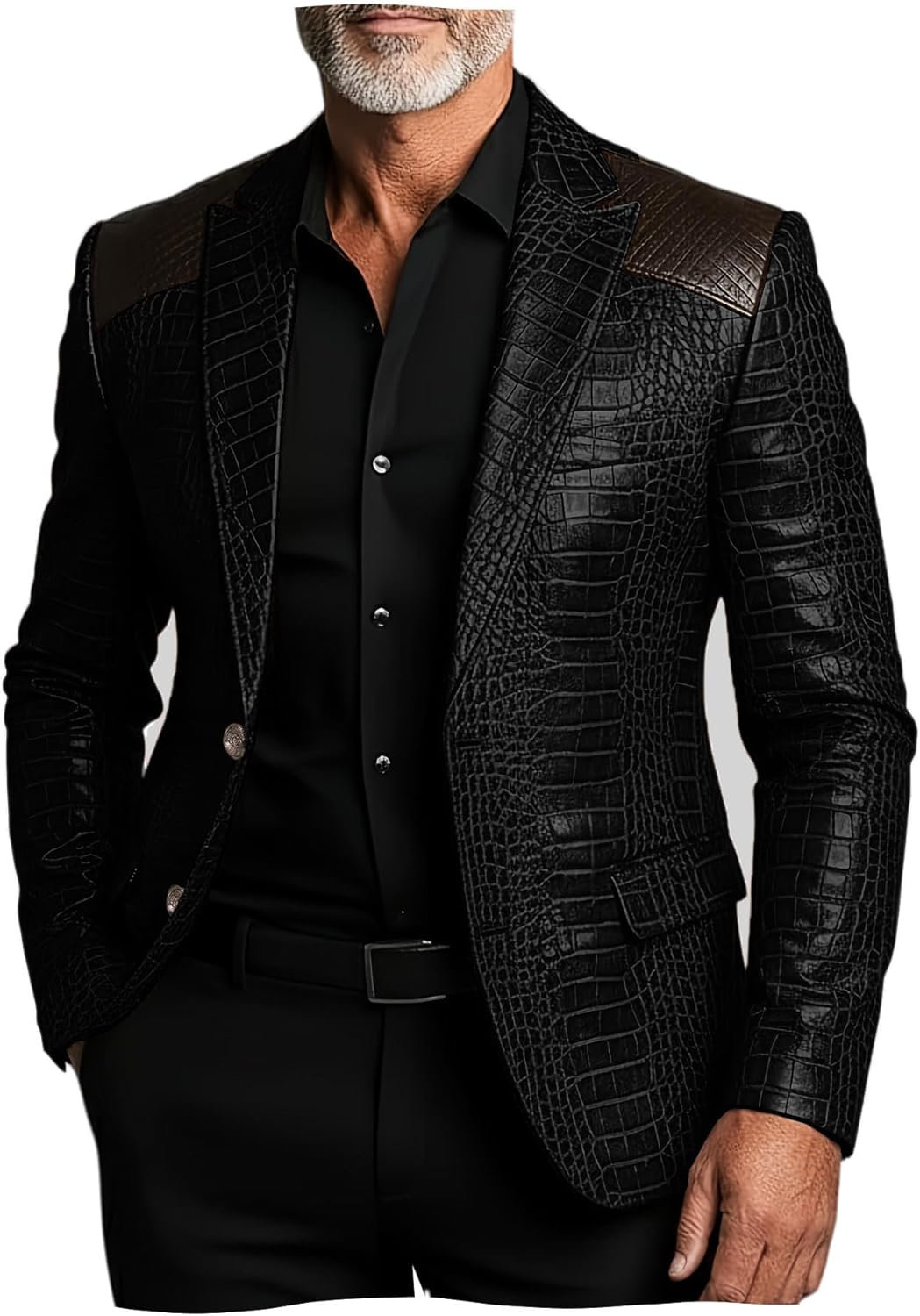 VENNYNG Men's Two-Tone Crocodile Pattern PU Leather Jacket Faux Alligator Texture Biker Coat Stylish