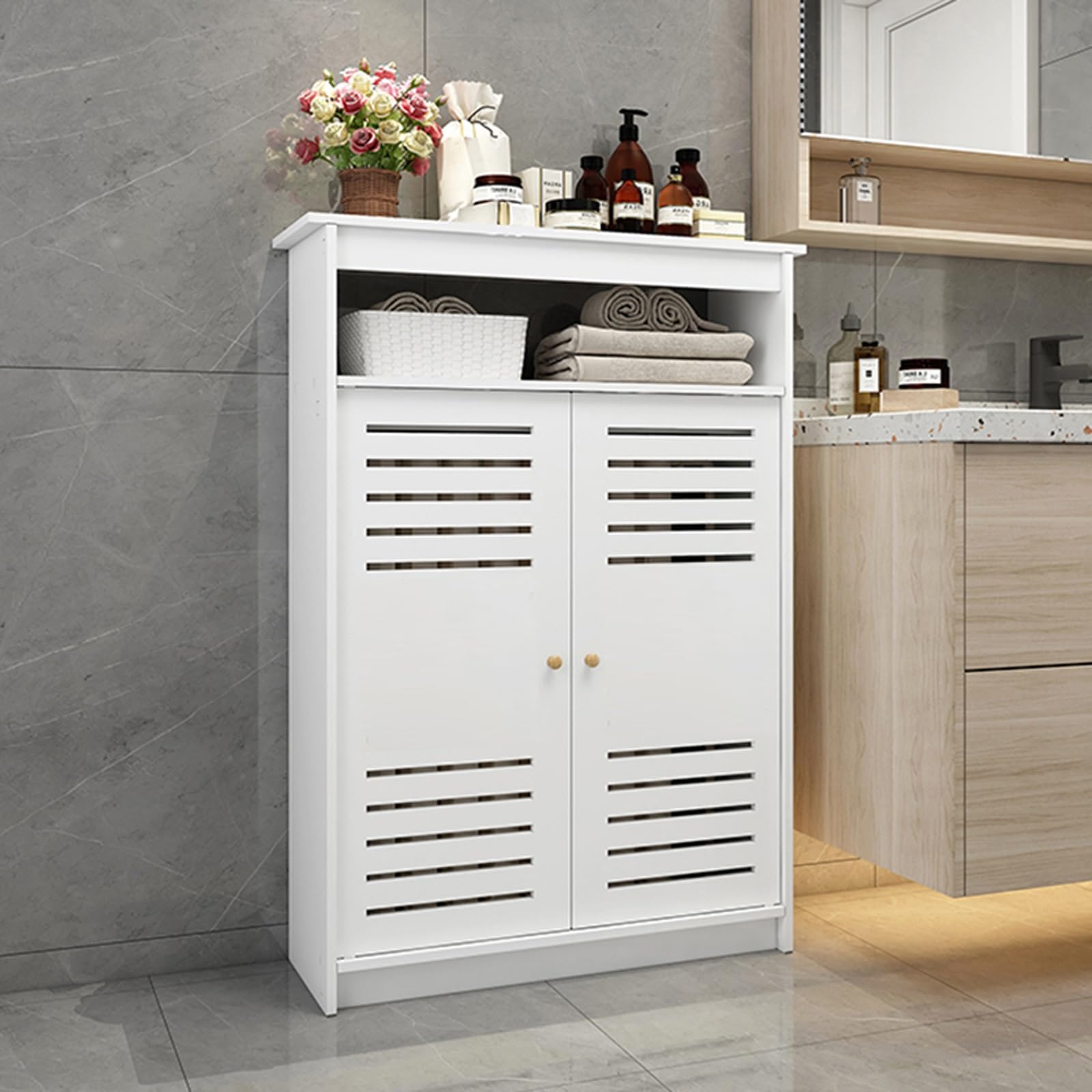 Cubierta de radiador con estante de almacenamiento, armario decorativo con puerta de listones para salón, dormitorio o baño, diseño ventilado