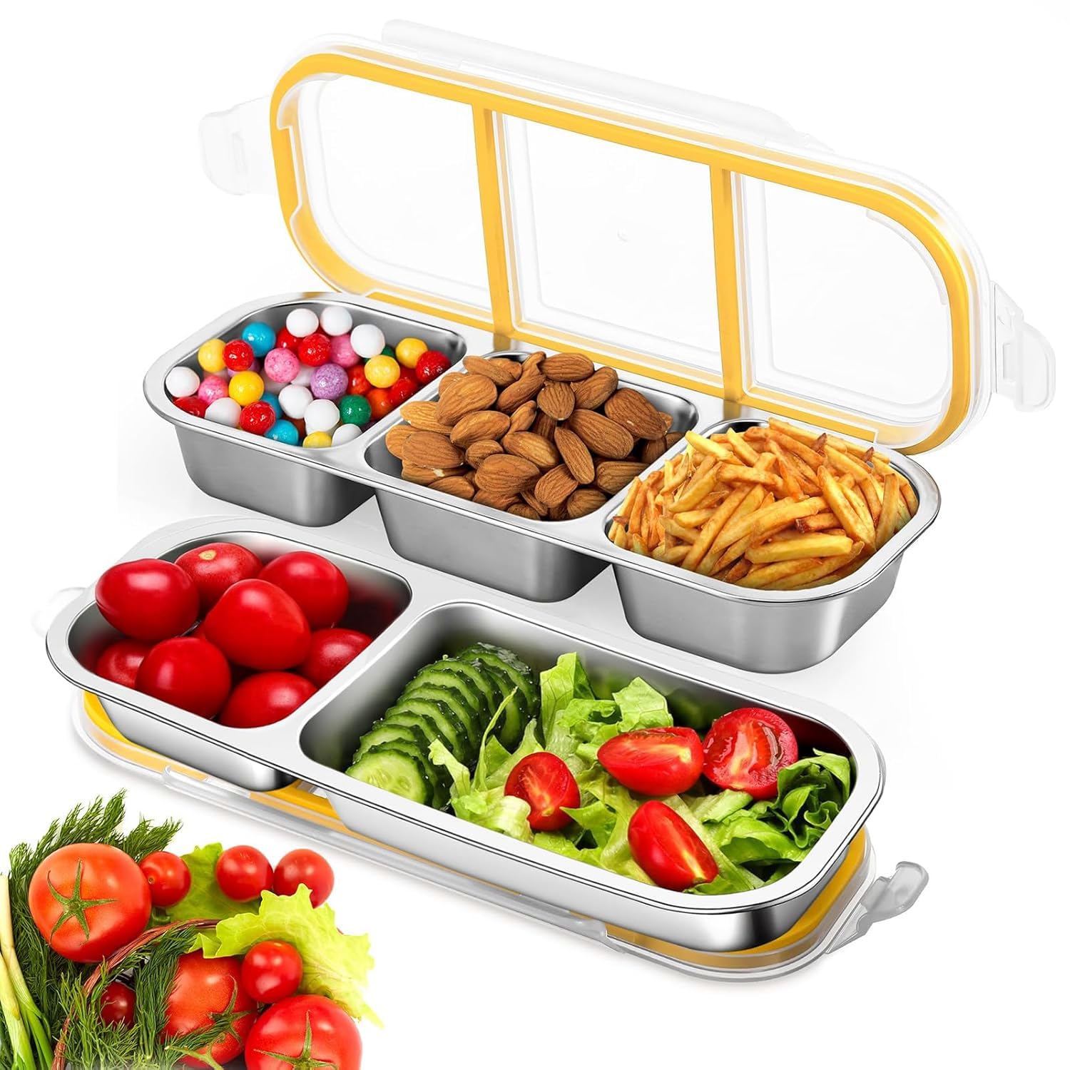 Reusable Stainless Steel Snack Containers with Airtight Lids, Compartment Snackle Box for Nuts, Fruits for kids, Divided Food Storage Box for work School. (3+2 Compartment)-picture-21