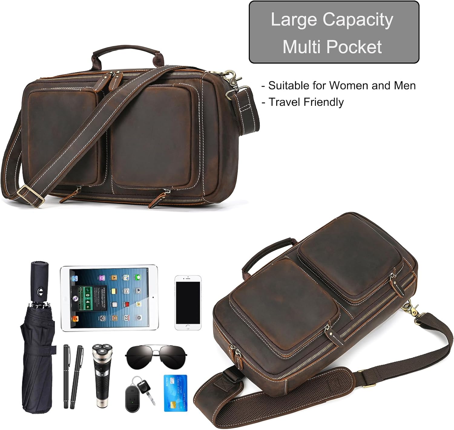 LUUFAN Men's Genuine Leather Sling Bag Chest Shoulder Backpack Multi Pocket Crossbody Bag for Casual Sport Hiking Travel