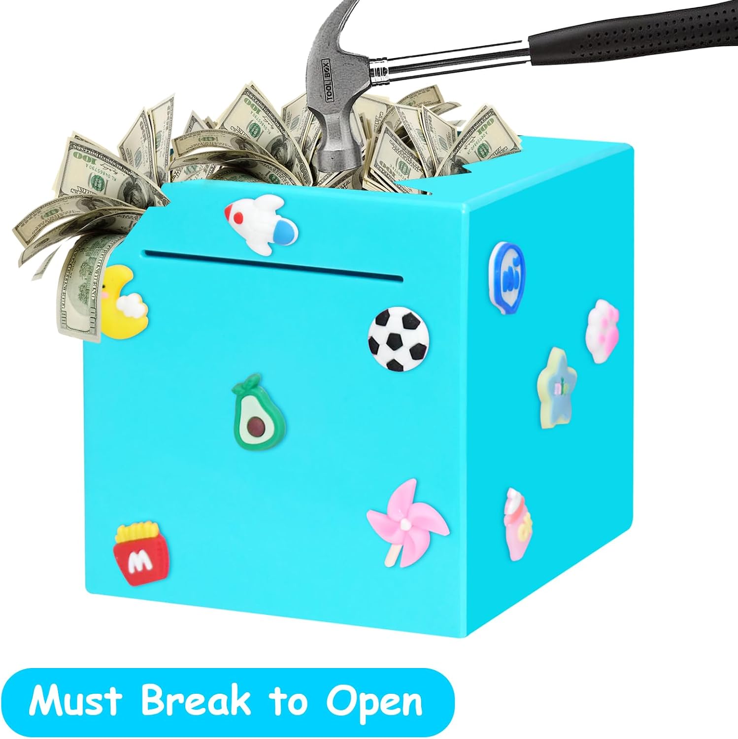 Piggy Bank for Kids and Adults, Unopenable Money Bank, Cute DIY Sticker Piggy Bank, Must Break to Open Piggy Banks-ABS Money Box, 4.72 Inch (Blue)