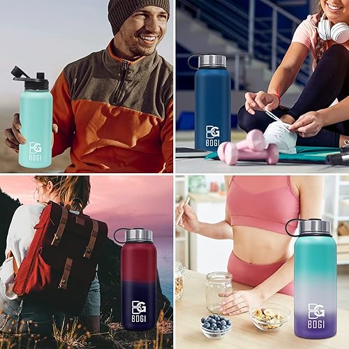 Vista 24 de BOGI Botella de agua aislada de 32 onzas, botella de agua de acero inoxidable al vacío de doble pared con popote y 3 tapas, a prueba de sudor