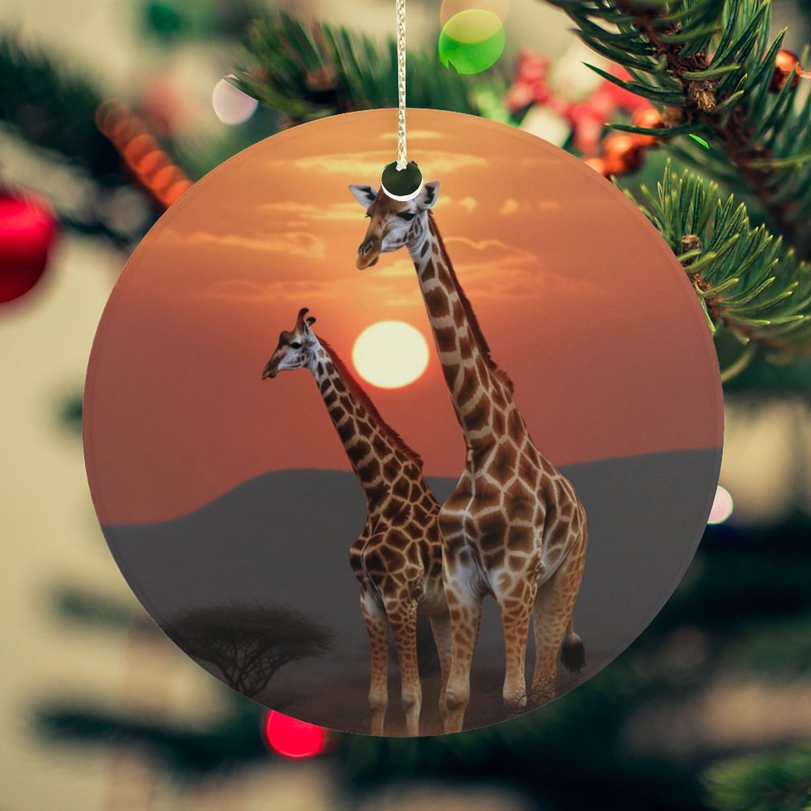 Giraffe at Sunset Christmas Ornament for Christmas Tree Ceramic Round Ornament Winter Holiday Keepsake Gift 2.7" Christmas Tree Hanging Decorations Circle Ceramic Pendant Xmas Gift