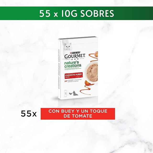 Foto 2 de 6 de Purina Gourmet Nature's Creations Puree, Snack, premio para Gato Con Buey y Tomate, 11 Packs de 5 sobres…