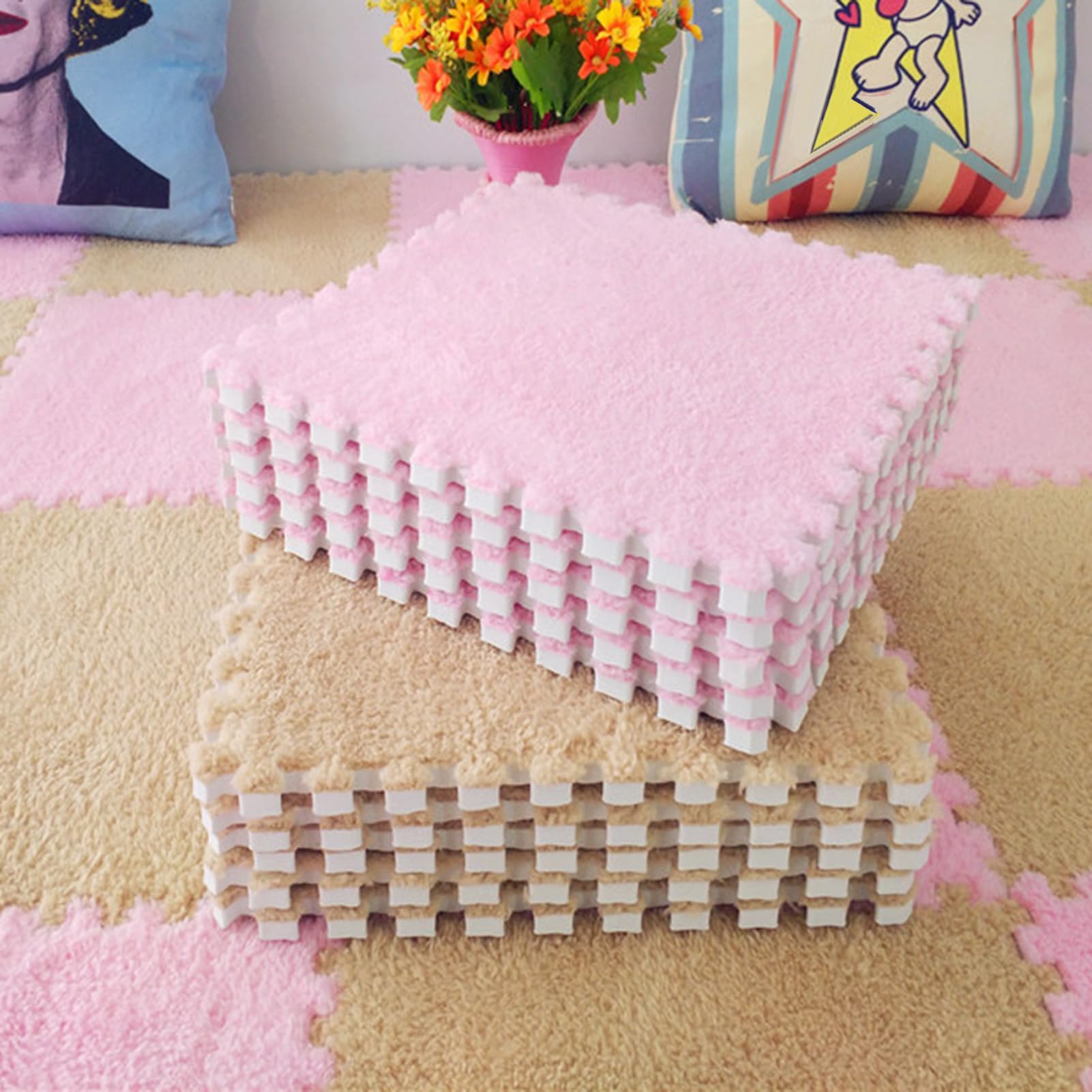 Palymats Tapis en Mousse en Peluche emboîtable 12 pièces, Dalles de Tapis en Mousse, Tapis de Jeu Puzzle 12 "x 12", Tapis Doux for l'exercice, Le Yoga, la Salle de Jeux(White+Light Blue+Gray)