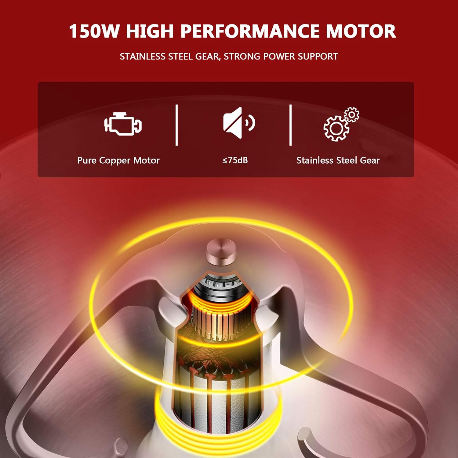 ആന്തരികം view of the 150W high-performance pure copper motor with stainless steel gear.