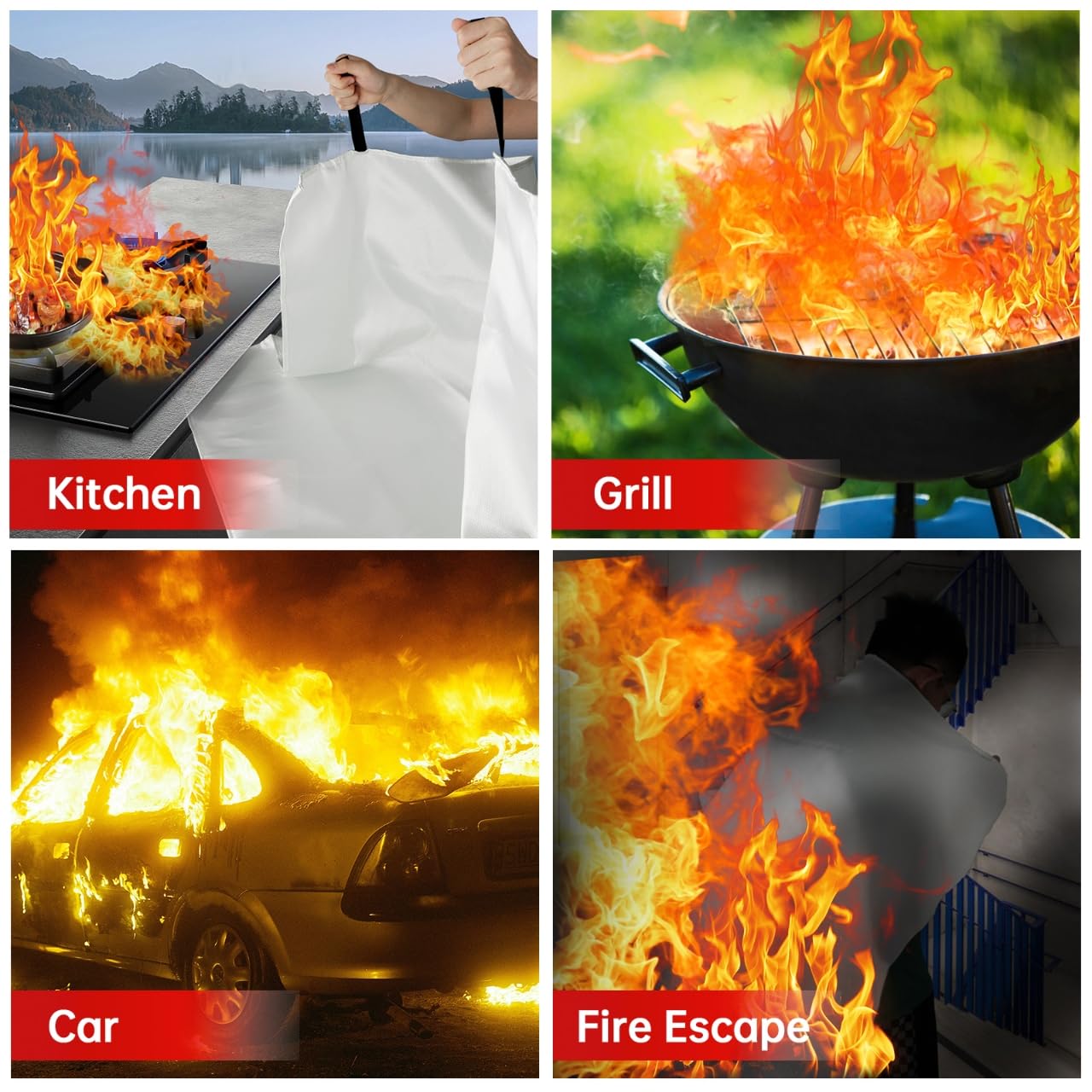 Paquete de 4 Mantas ignífugas – Manta Grande de Fibra de Vidrio para extinción de Incendios – Cobija de Emergencia para Personas – Manta de Seguridad contra Incendios con silbatos de