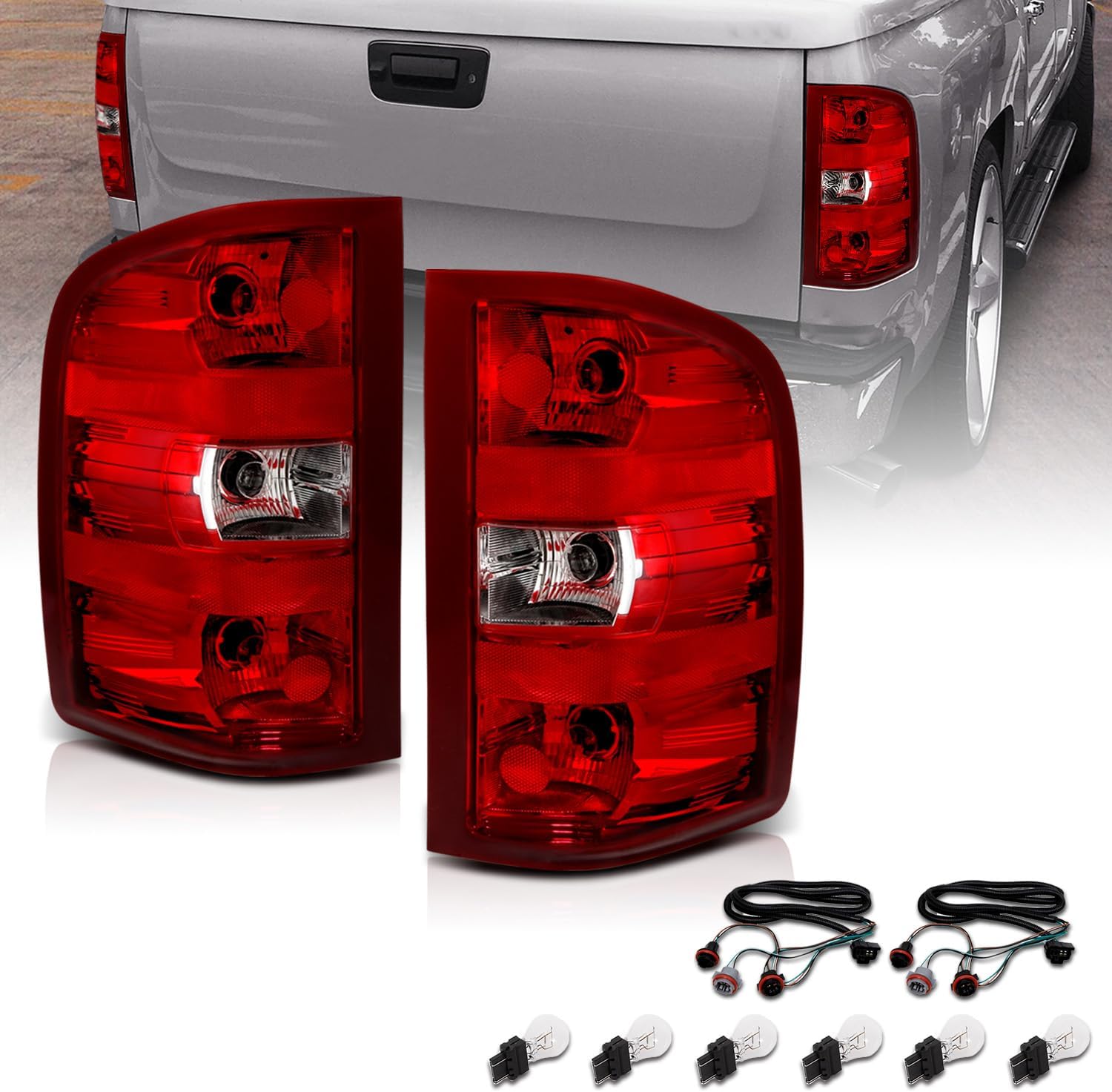 AmeriLite for 2007-2014 Chevy Silverado 1500 2500 3500 Pickup Clear Red OE Replacement Tail Light Brake Lamp Pair w/Bulb and Harness - Passenger and Driver Side