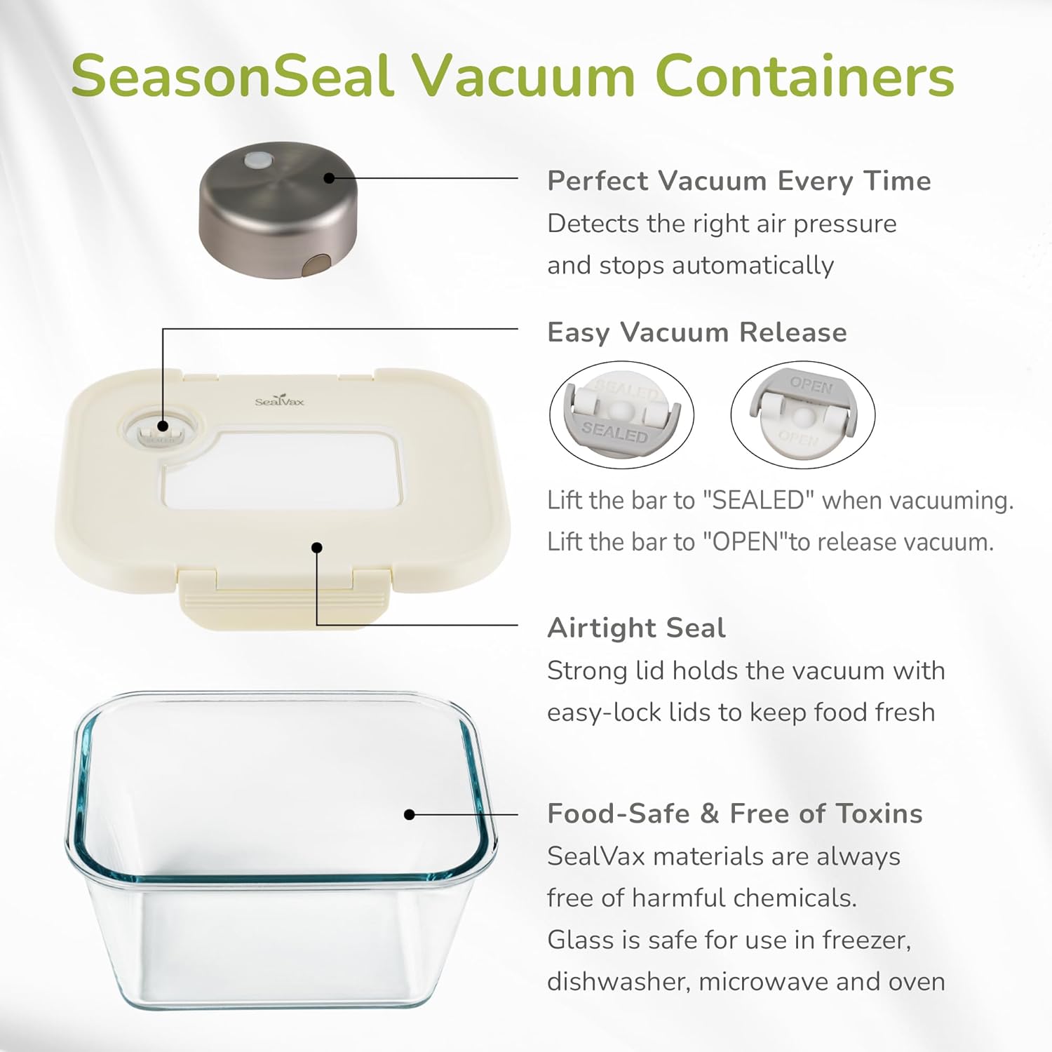 SealVax®Premium Vacuum Glass Storage Containers with Lids, Portable Vacuum Sealer, Compatible with Mason Jar, Vacuum Storage Bags, VOYD Glass Canisters, Auto Vacuum Sealer for Marinating(Cream)