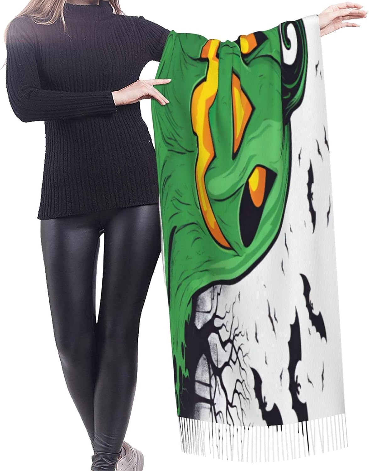 Green Ghost Horror Halloween Pumpkin Print Polyester Fringed Scarf 77x27 Inch Cozy Stylish Shawl Scarfs With Fringe For Fall, Winter Spring