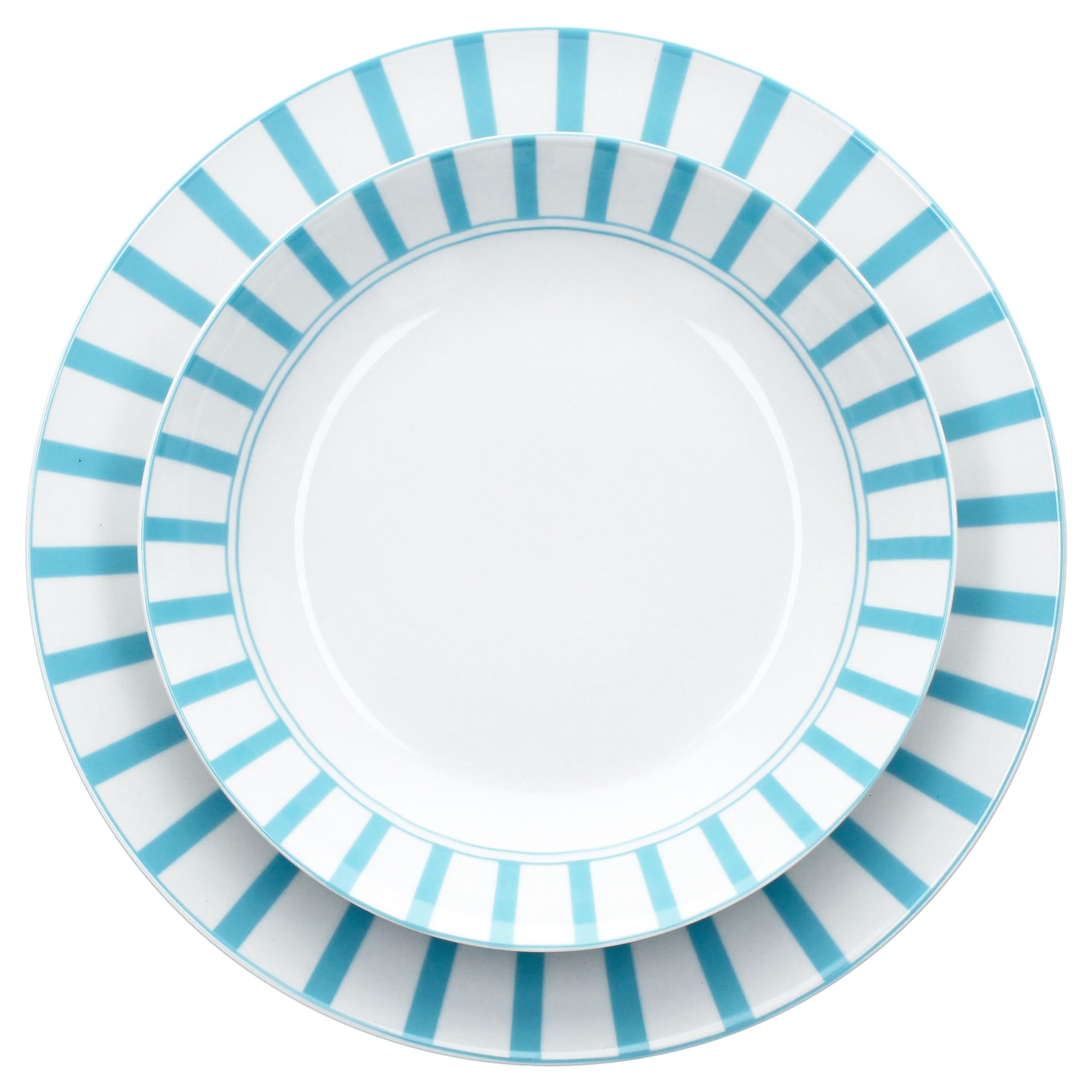 MamboCat Split Service de table 12 pièces turquoise I Vaisselle en porcelaine blanche à rayures pour 6 personnes I 6 assiettes creuses & 6 assiettes plates pour petit-déjeuner, déjeuner et dîner