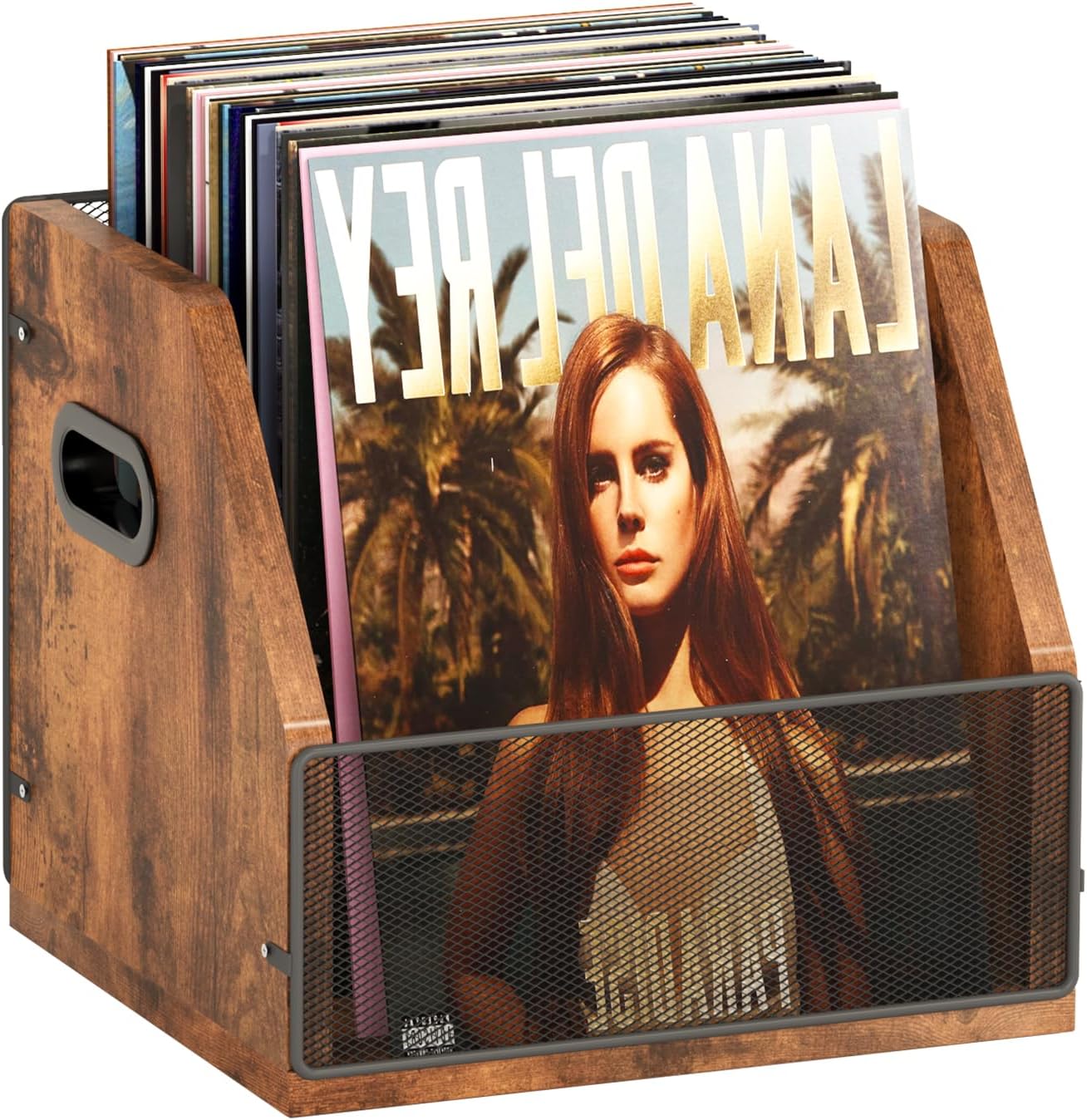 Vinyl Record Storage, Record Box Case Crate, Vinyl Record Album Holder, Desktop Metal & Wooden LP Record Crate, Holds up to 60 Records（Patent No.D1024563