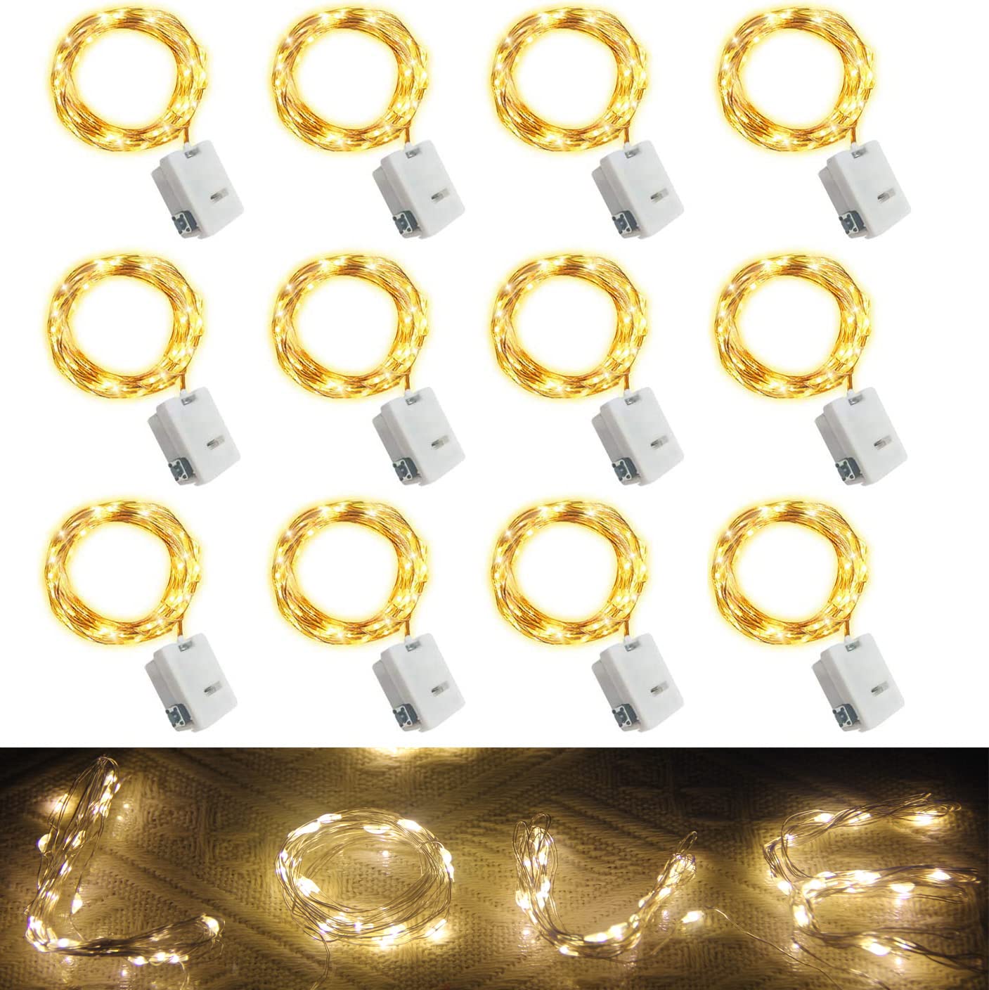 12 Pack Fairy String Lights Battery Operated Indoor Decorative Light String 7 Feet 20 LED 3 Modes Warm White Twinkle Light Starry Moon Lights DIY for Bedroom Patio Wedding Party Christmas