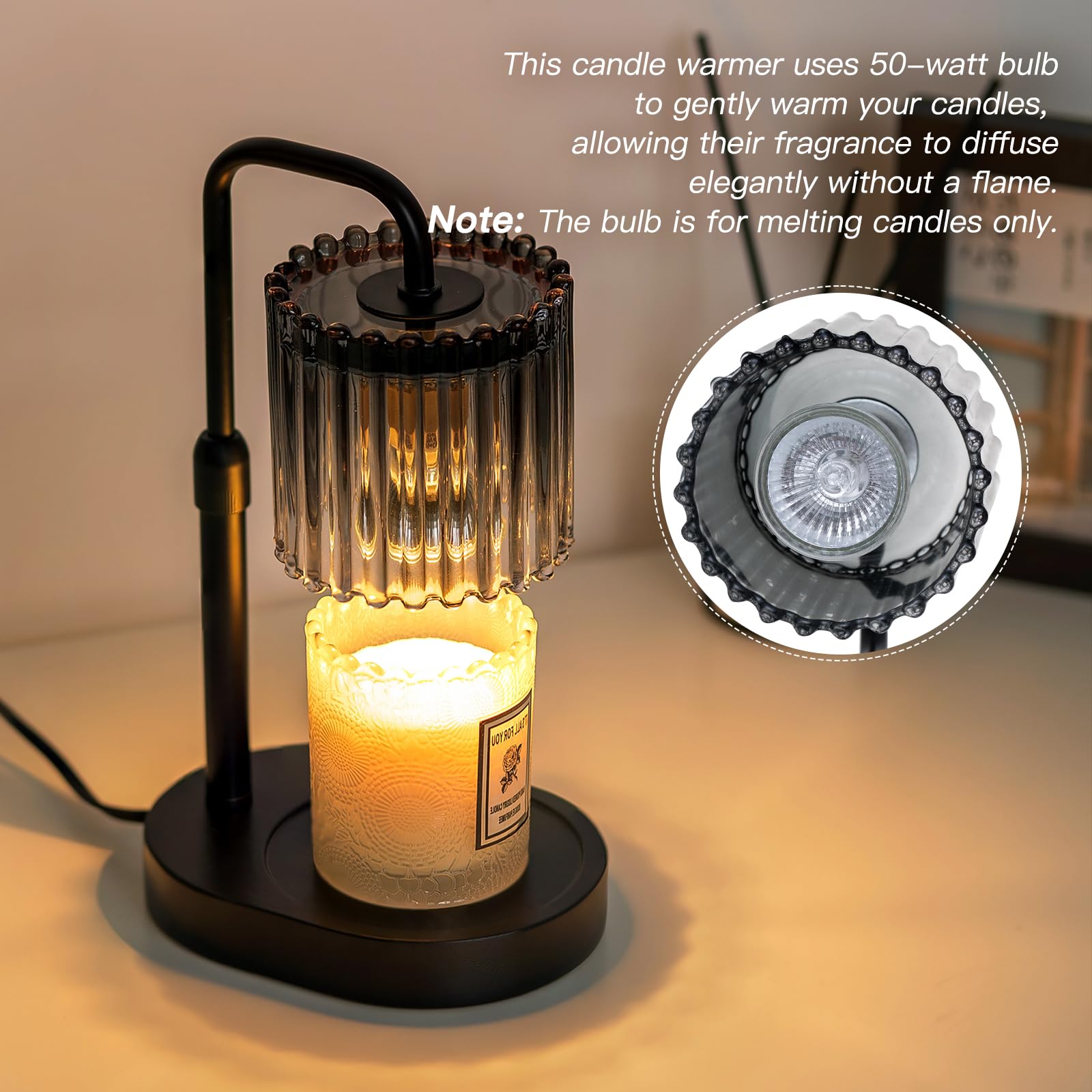 Candle Warmer Lamp with Timer: Candle Warmer with 2 Bulbs Height Adjustable Dimmable Wax Melt House Warming Gifts New Home Bedroom Modern Decor Gifts for Women — view 6