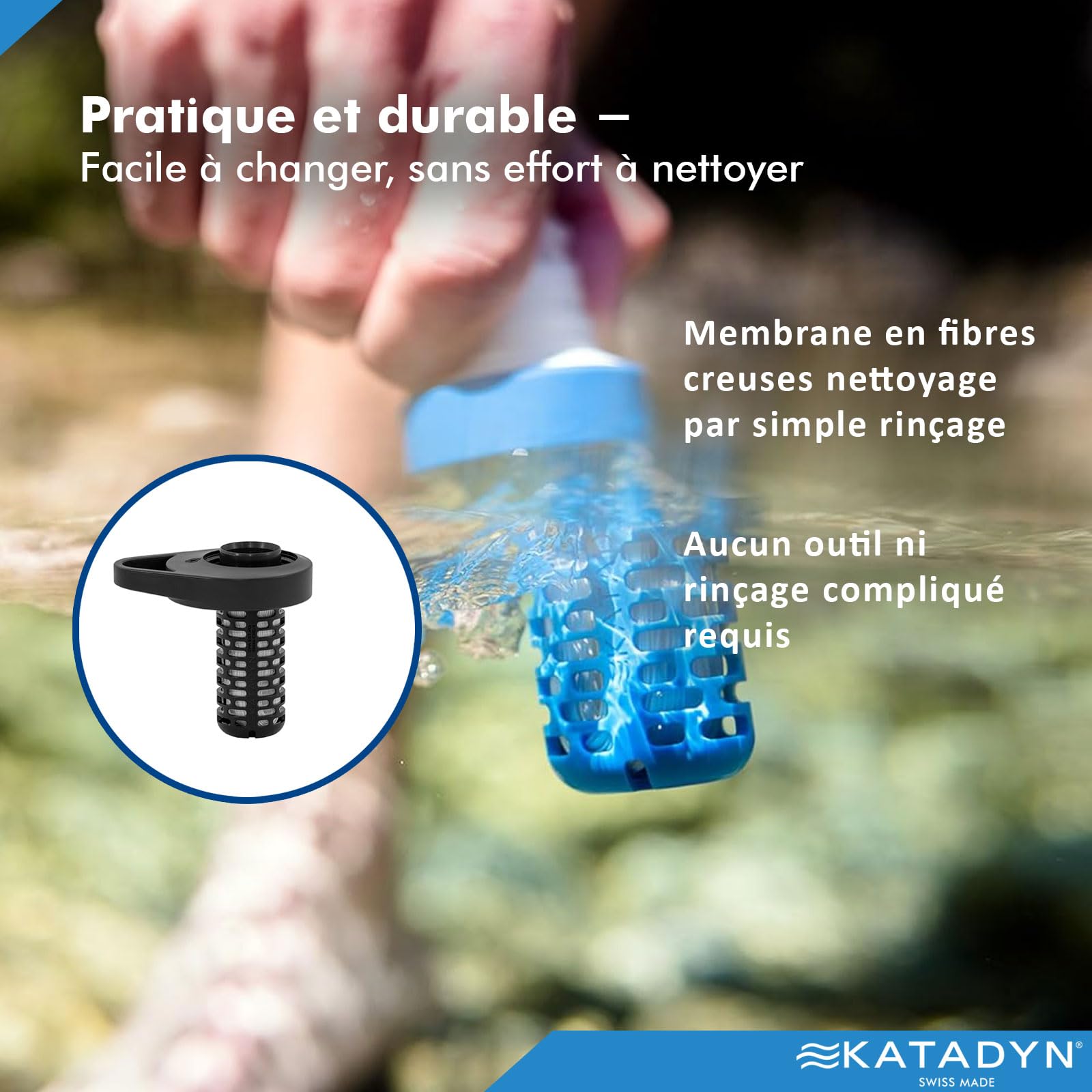 Katadyn BeFree AC Bottle Gourde filtrante à eau ultra légère pour l'extérieur, fibre creuse charbon actif, camping randonnée trekking voyage, filtration portable sans BPA (bleu)