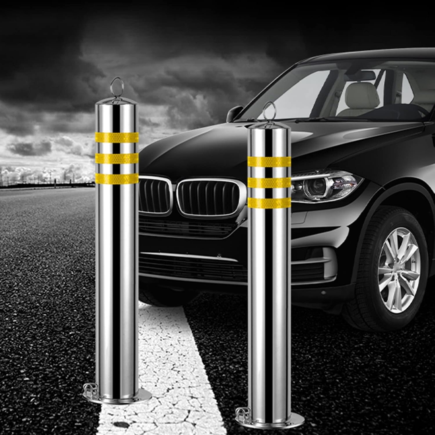 Stainless Steel Security Parking Lock Posts with Lock & Base, Reflective Tape, for Home Garage Driveway Commercial Solid Barrier