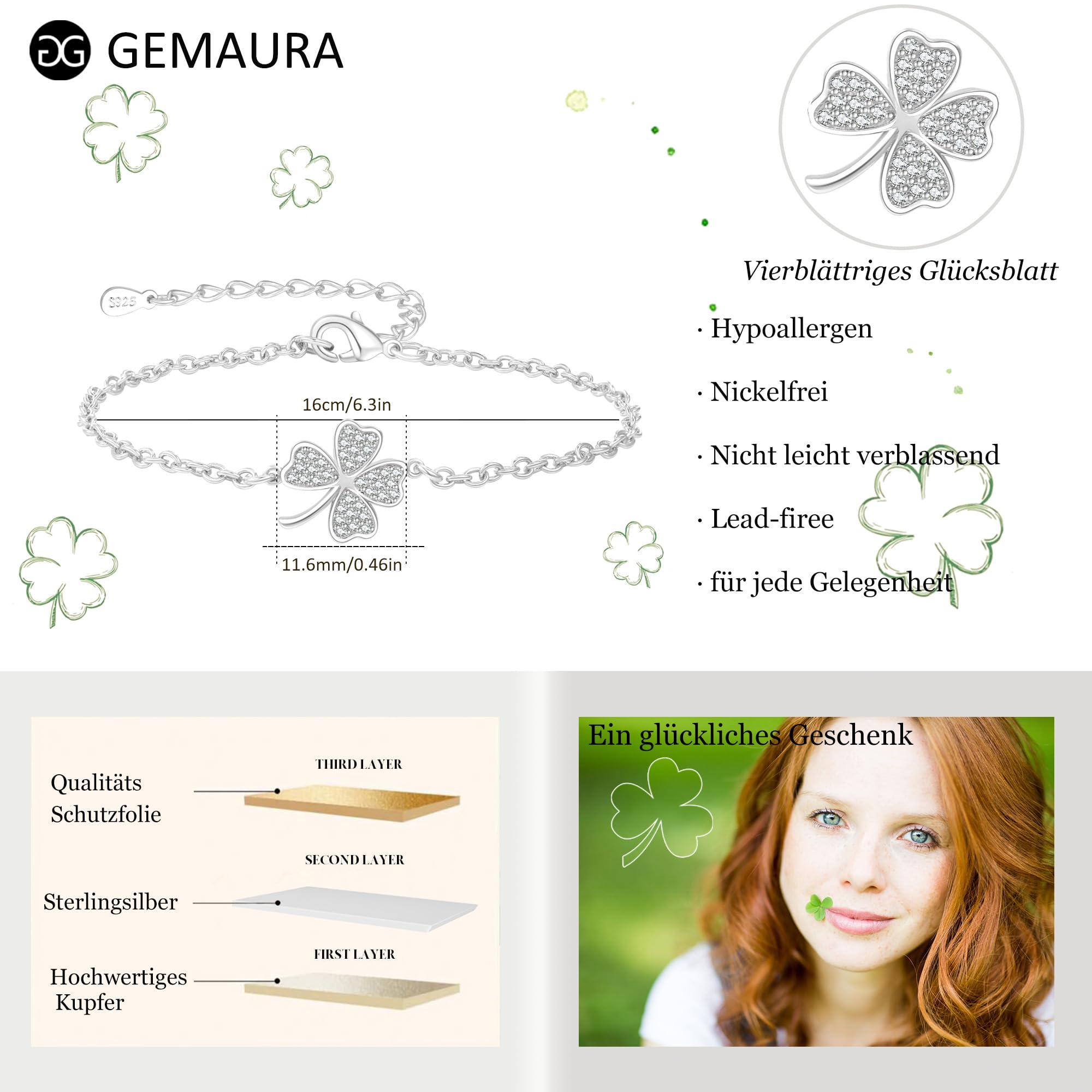 GEMAURA Braccialetto portafortuna da donna, in argento/oro, con quadrifoglio, regolabile, regalo per donne e fidanzate, braccialetto dell’amicizia
