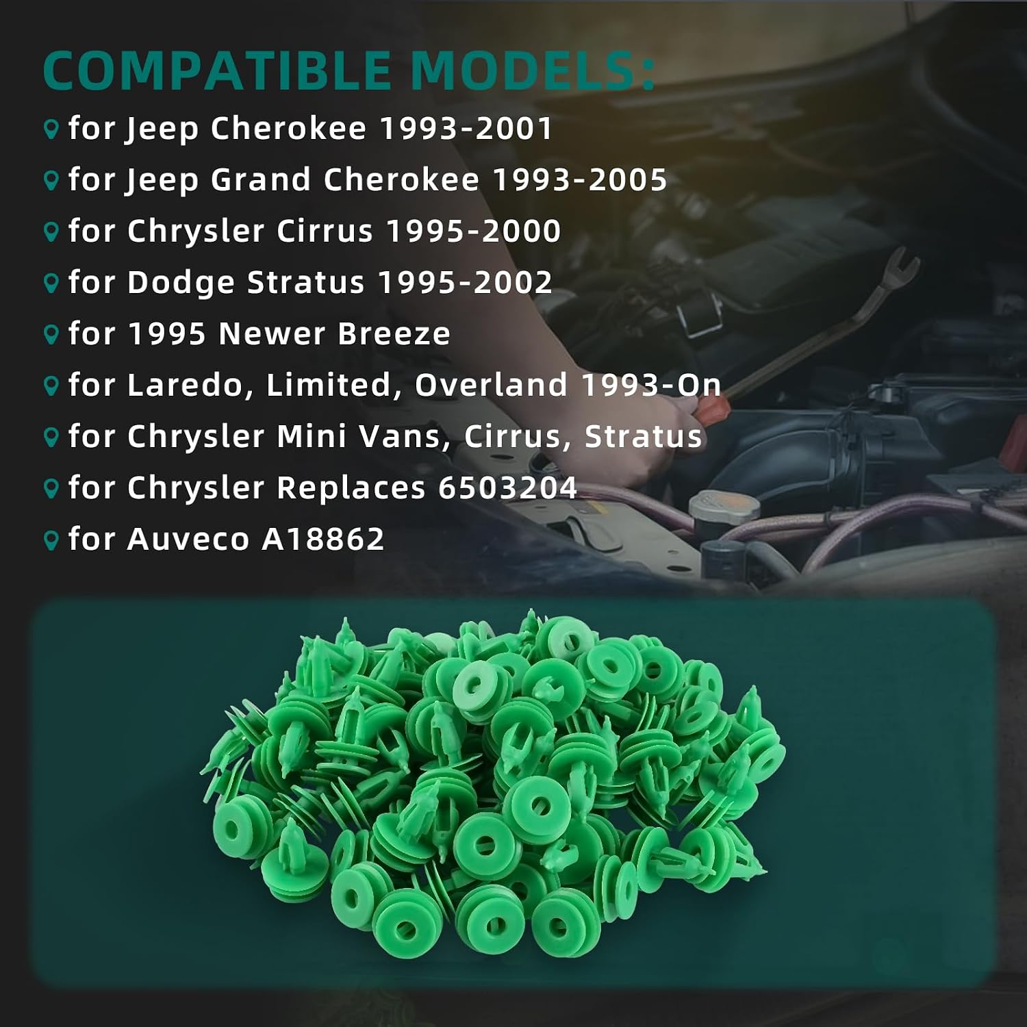 AUTOKAY 100pcs Door Panel Clip Trim Fastener Fits for Jeep Grand Cherokee 1993-2005 Cherokee 1993-2001, for Chrysler Cirrus 1995-2000, for Dodge Stratus 1995-2002 Re# 6503204 A18862
