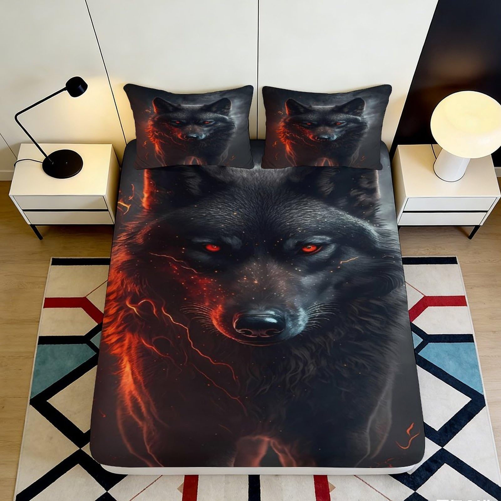 3D Printed wolf fitted sheet, soft touch microfiber, stylish apartment bedding, wrinkle resistant, decorative bed cover for main bedroom or guest room, easy care, dustproof 90x200x25cm