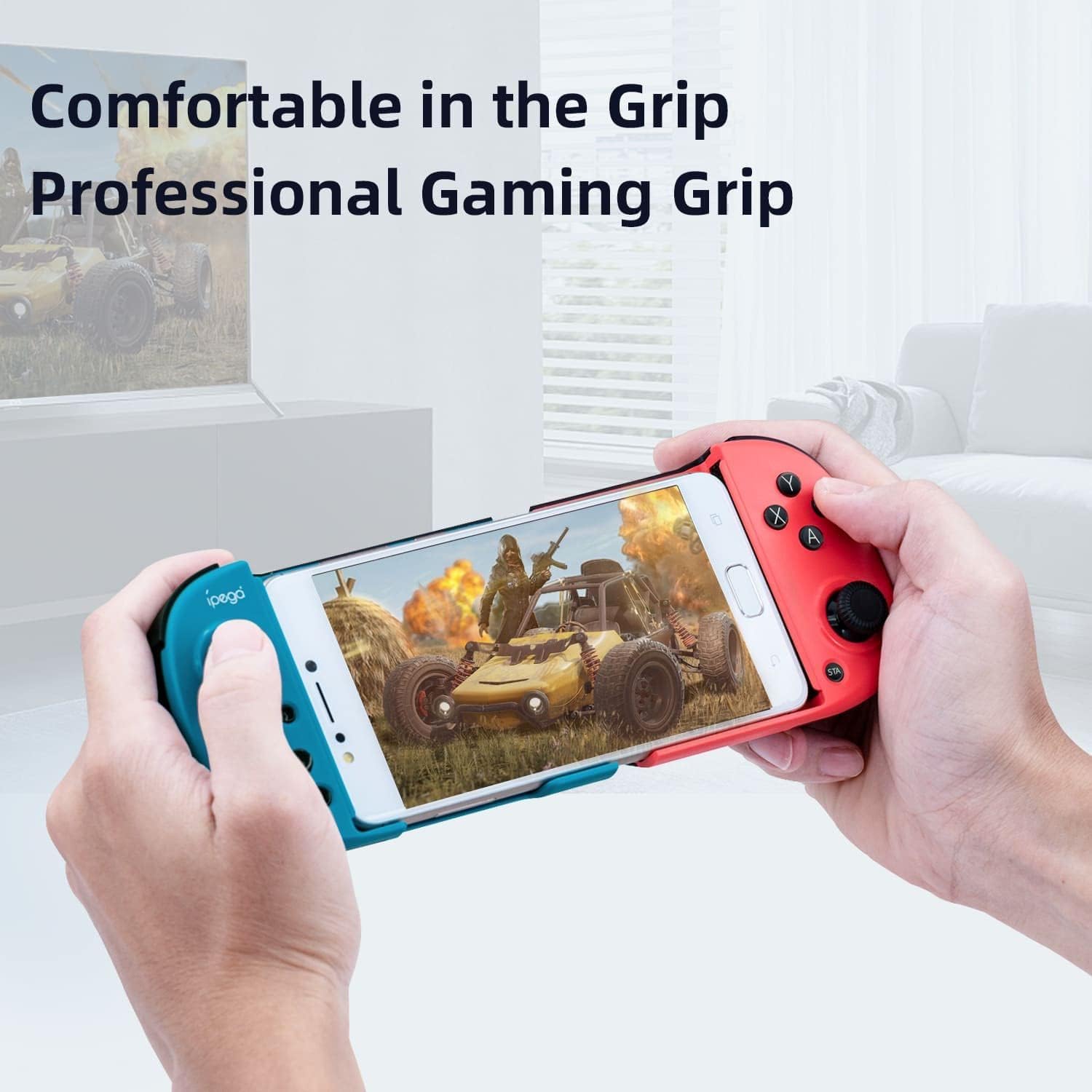 Hands holding the Ipega PG-9217 gamepad with a smartphone inserted, showing comfortable grip.