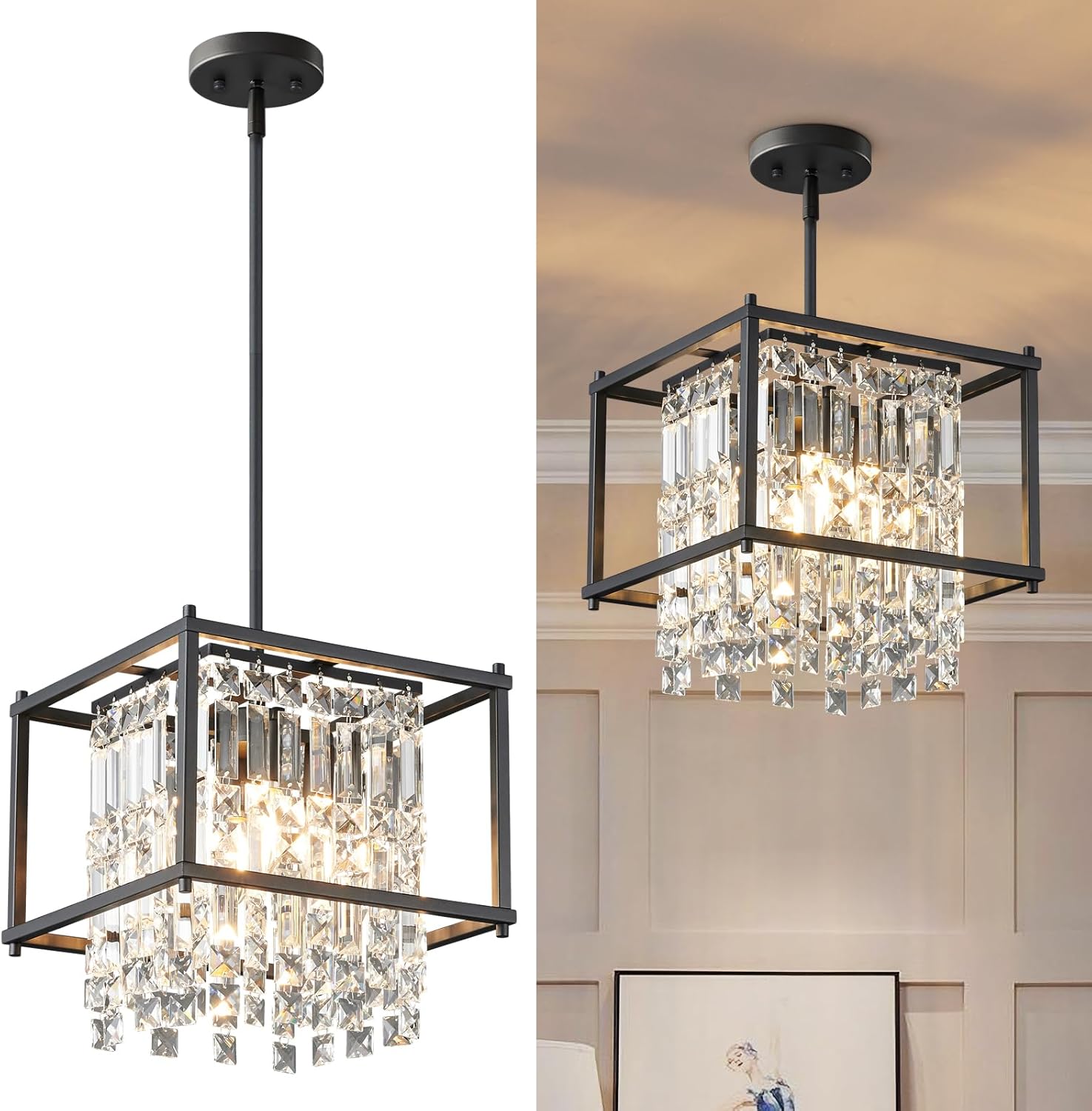 LMQNINE Modern Foyer Chandelier, Black Crystal Chandelier Entryway Light Fixture, Square Adjustable Height Chandeliers for Kitchen Island, L11.81'' x H7.87''