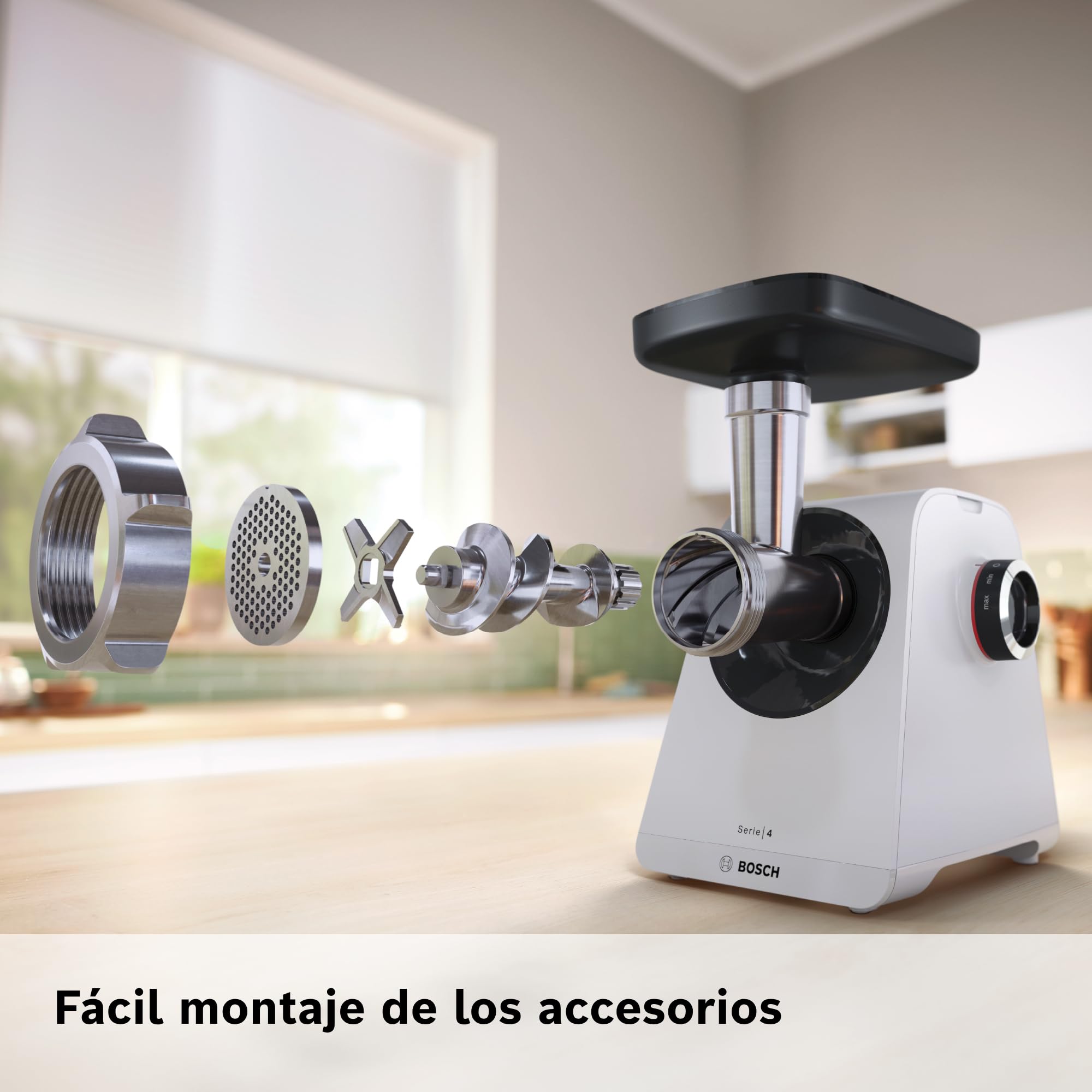Bosch - Picador de carne, MultiPower, Serie 4, 1900 W, Molinillo, Accesorio para salchichas, Blanco, MFWS420W