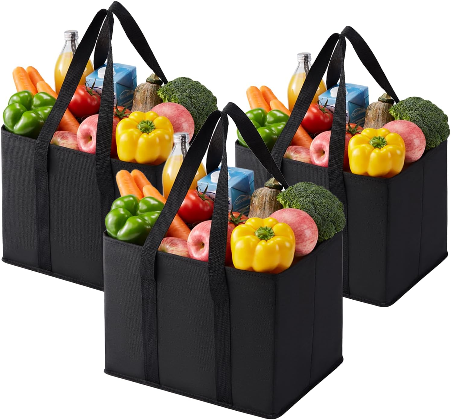 VENO 3 Pack Reusable Shopping Trolley Bags Set, Heavy Duty Collapsible Grocery Box Bag with Reinforced Bottom, Folding Tote Bag Storage Bins (Black - Set of 3)