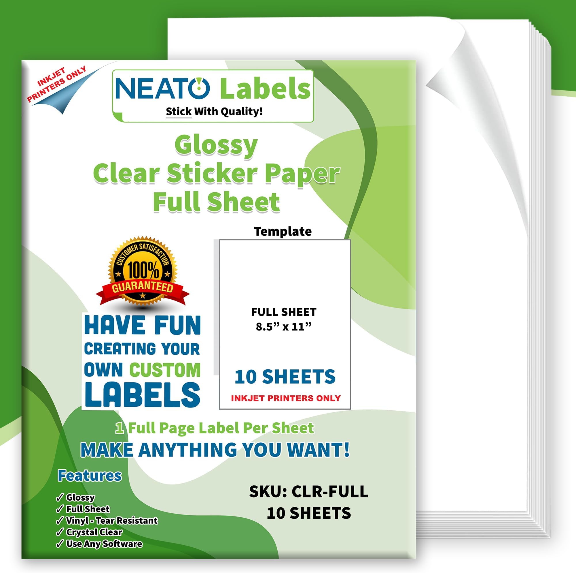Printable Transparent Sticker Paper - 8.5" X 11" Blank Custom Label Sticker Sheets - 10 Clear Sheets - for Inkjet and Laser Printers - Weatherproof - Tear Resistant- Includes Online Design Software