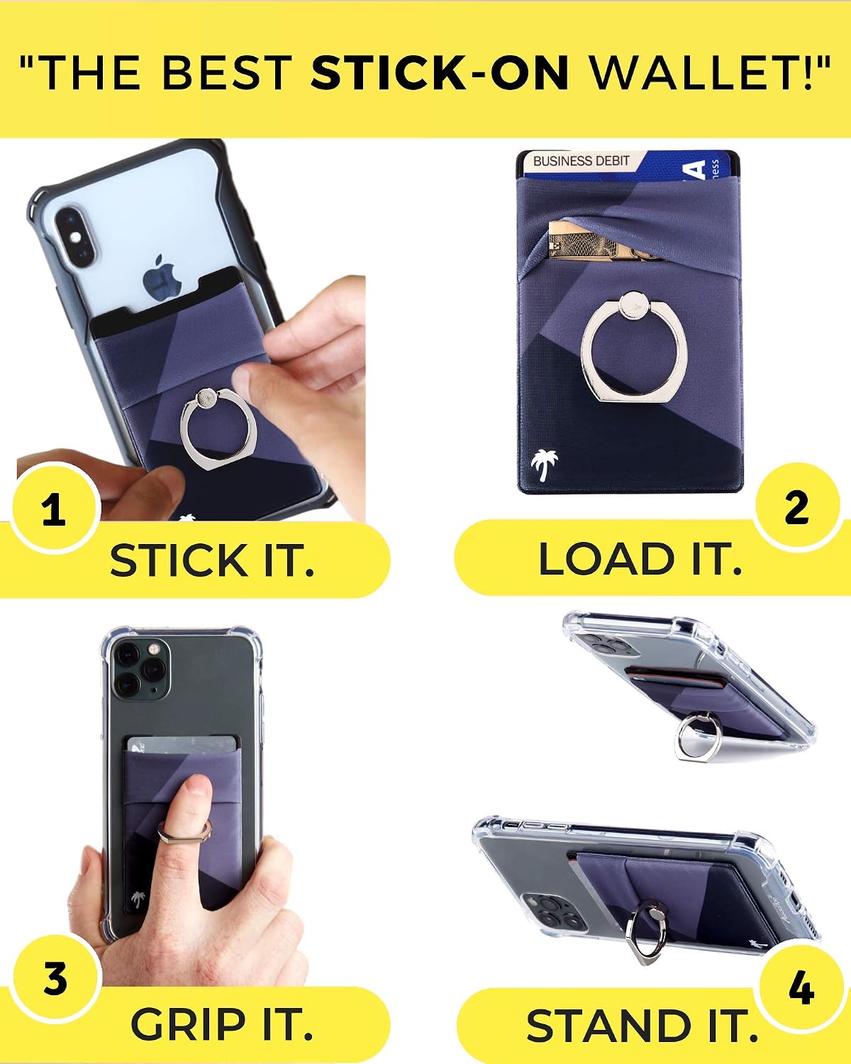 The StickyWallet +Ring – New 4-in-1 Spandex Stick-on Wallet for Any Phone + Kickstand Ring – Best Card Holder Sticker for Case: iPhone 12, 11, Pro, Max, XR XS X etc. (Black Tri-Tone w/Silver Ring)