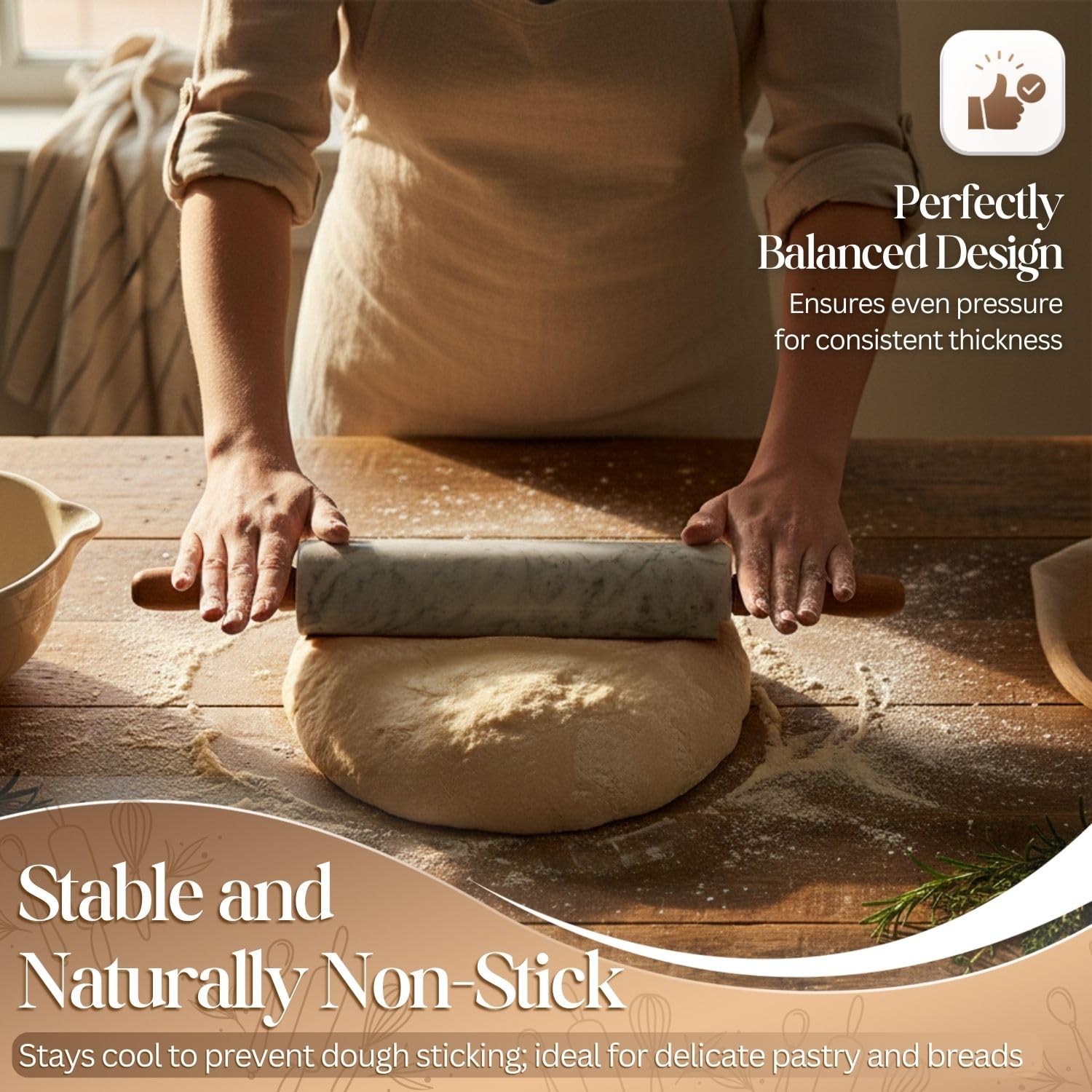 Flexzion Teigroller aus weißem Marmor, 25,4 cm, mit Holzgriff und Halter-Basisständer, Marmor-Nudelholz zum Backen von Gebäck, Pizzateig, Fondant, Kekskuche, Kruste, Nudeln, Bäckerei-Roller