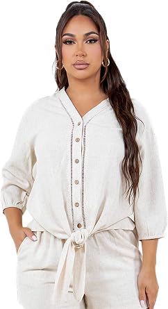 Womens Casual Crochet Trimmed Linen Blend Button Down 3/4 Sleeve Top with Bow Tie Hem MW-2314