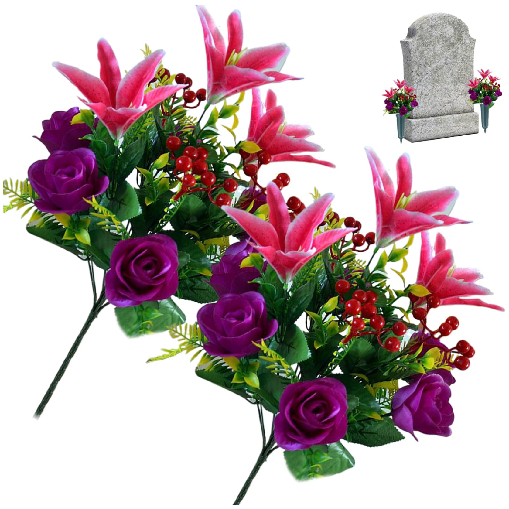 Wedhapy Cemetery Flowers For Grave 2 Bundles Artificial Flowers For Graves 17.3'' Grave 12 Heads Cemetery Rose and Lily Memorial Silk Style 2