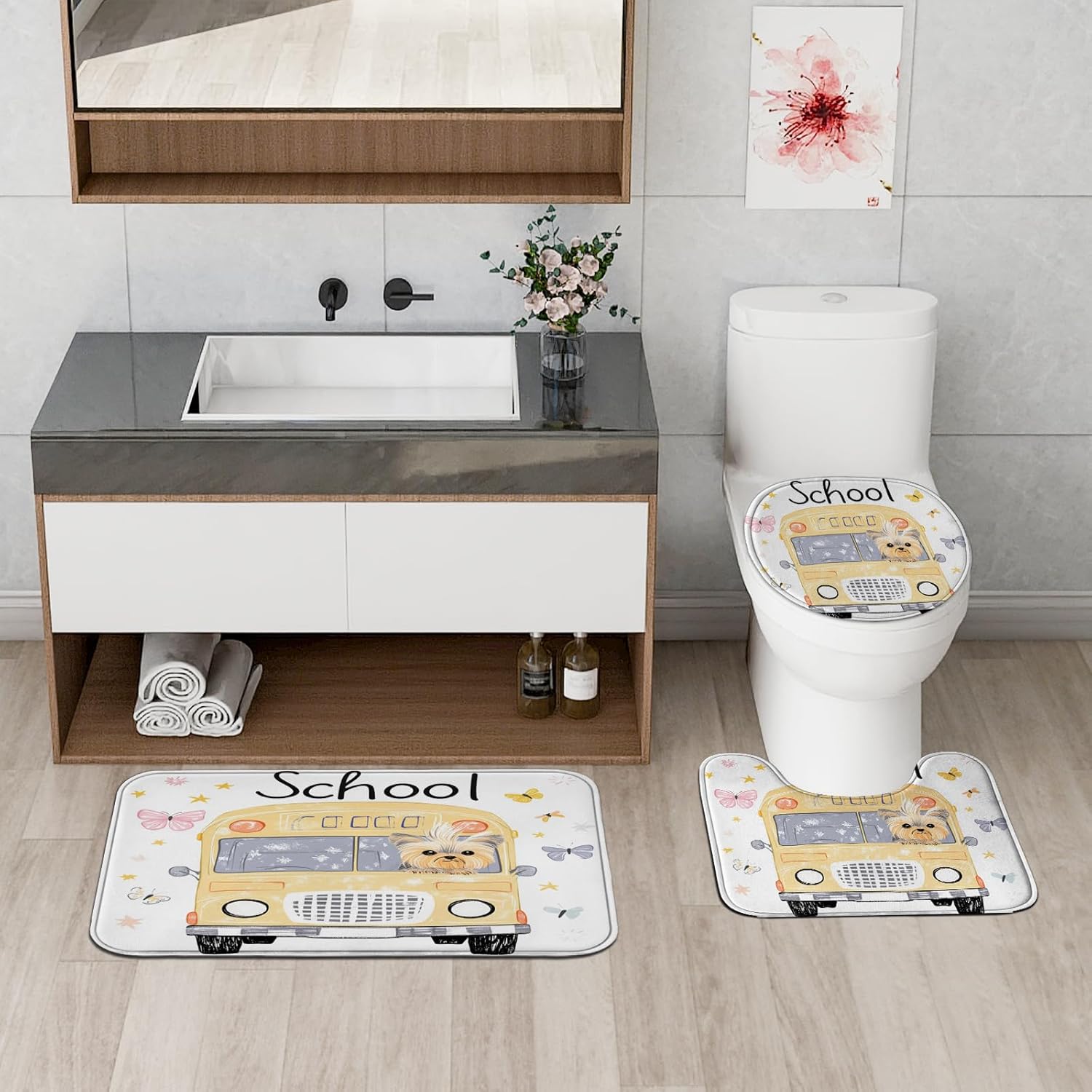 4PCS Cartoon Yorkie Dog Bathroom Accessory Sets with Non-Slip Rug, U Shape and Toilet Lid Cover Mat, Kid School Bus Bathroom Fabric Decor-72''x72''