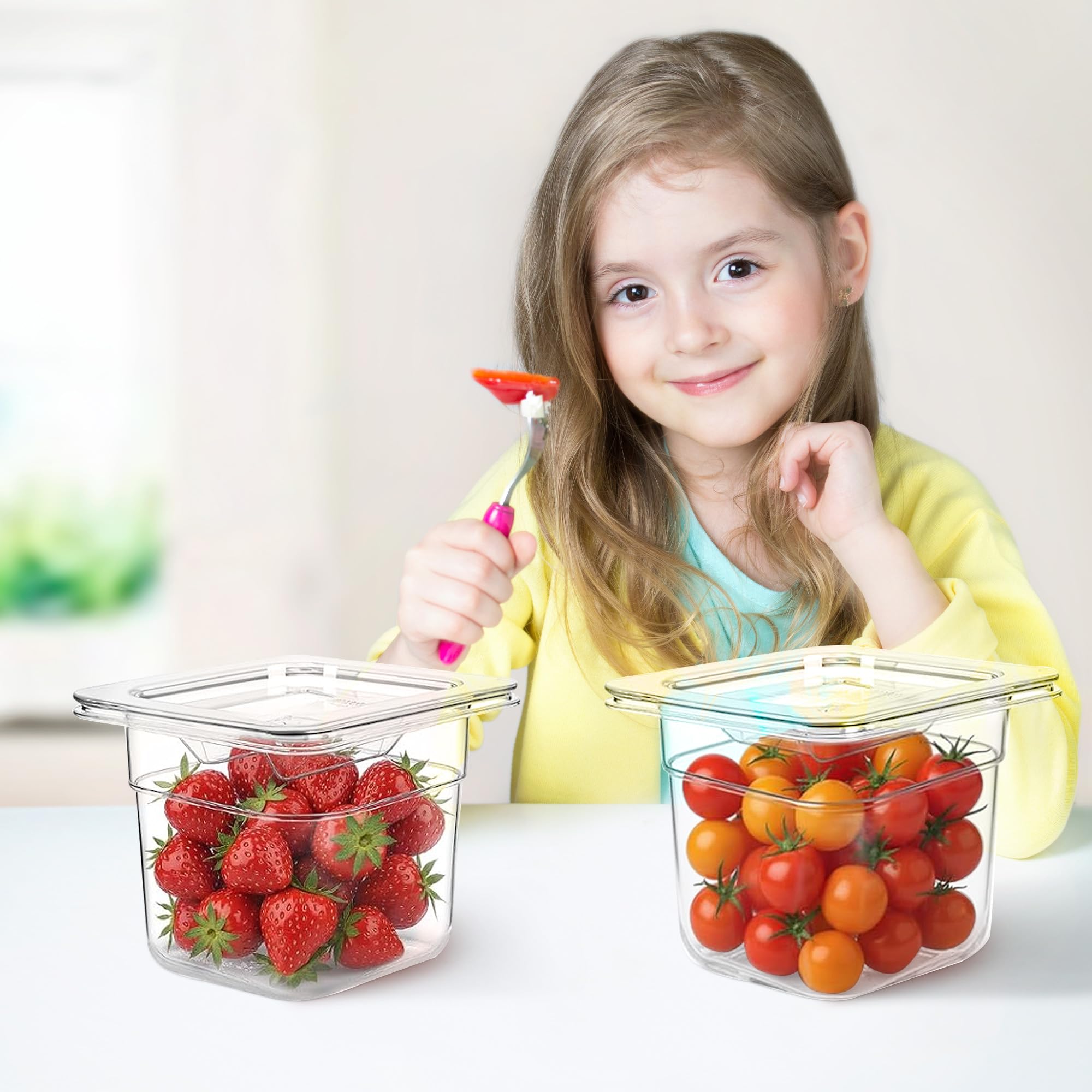 Takywep Confezione da 12 teglie per alimenti in policarbonato da 1/6 con coperchi, profonde da 15,2 cm, impilabili, trasparenti, contenitori di grado commerciale per cucina, frigorifero, hotel e