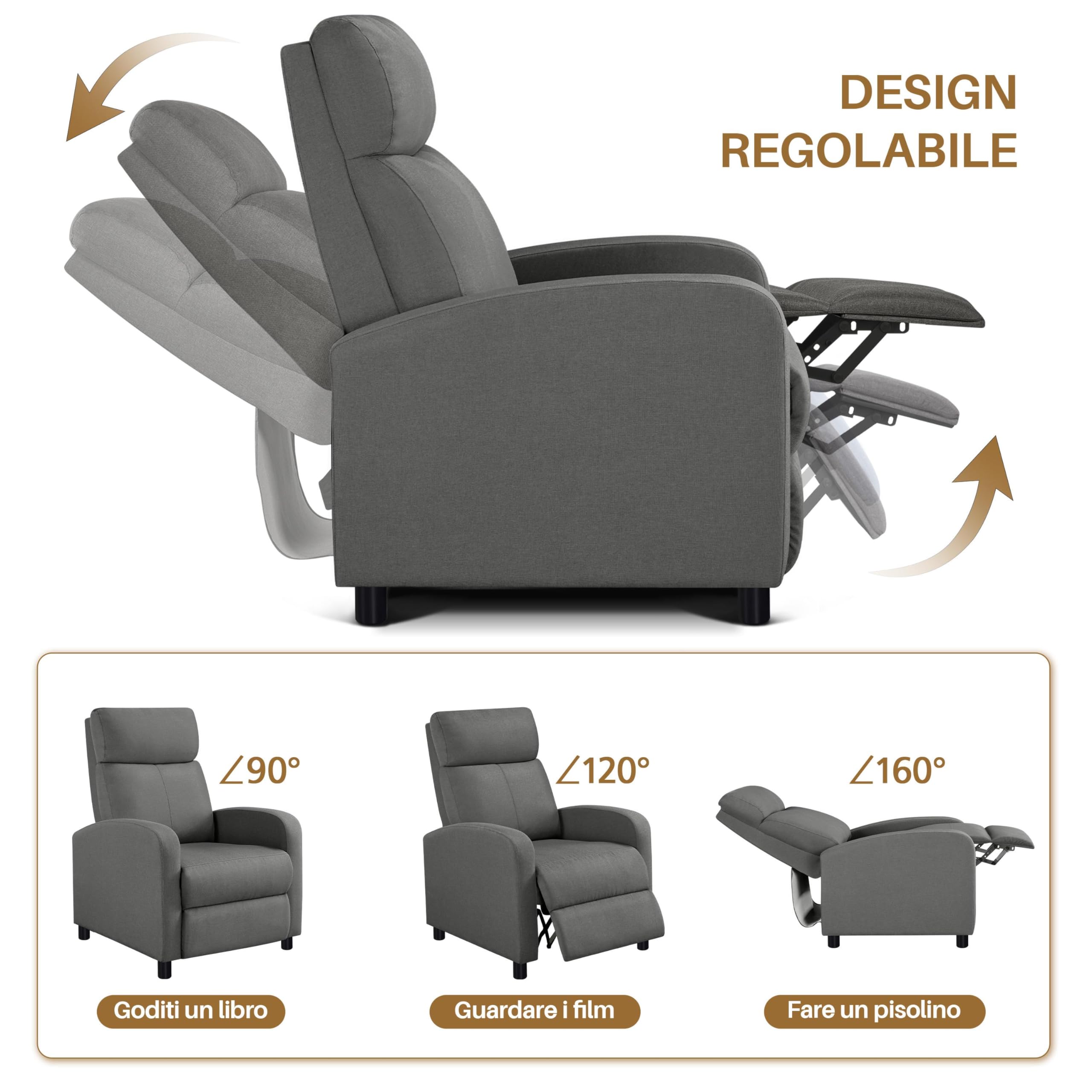 Yaheetech Poltrona Relax Reclinabile Regolabile Divano Monoposto con Poggiapiedi da Soggiorno Camera da Letto 61,5 cm × 87 cm × 99 cm Grigio/Lino